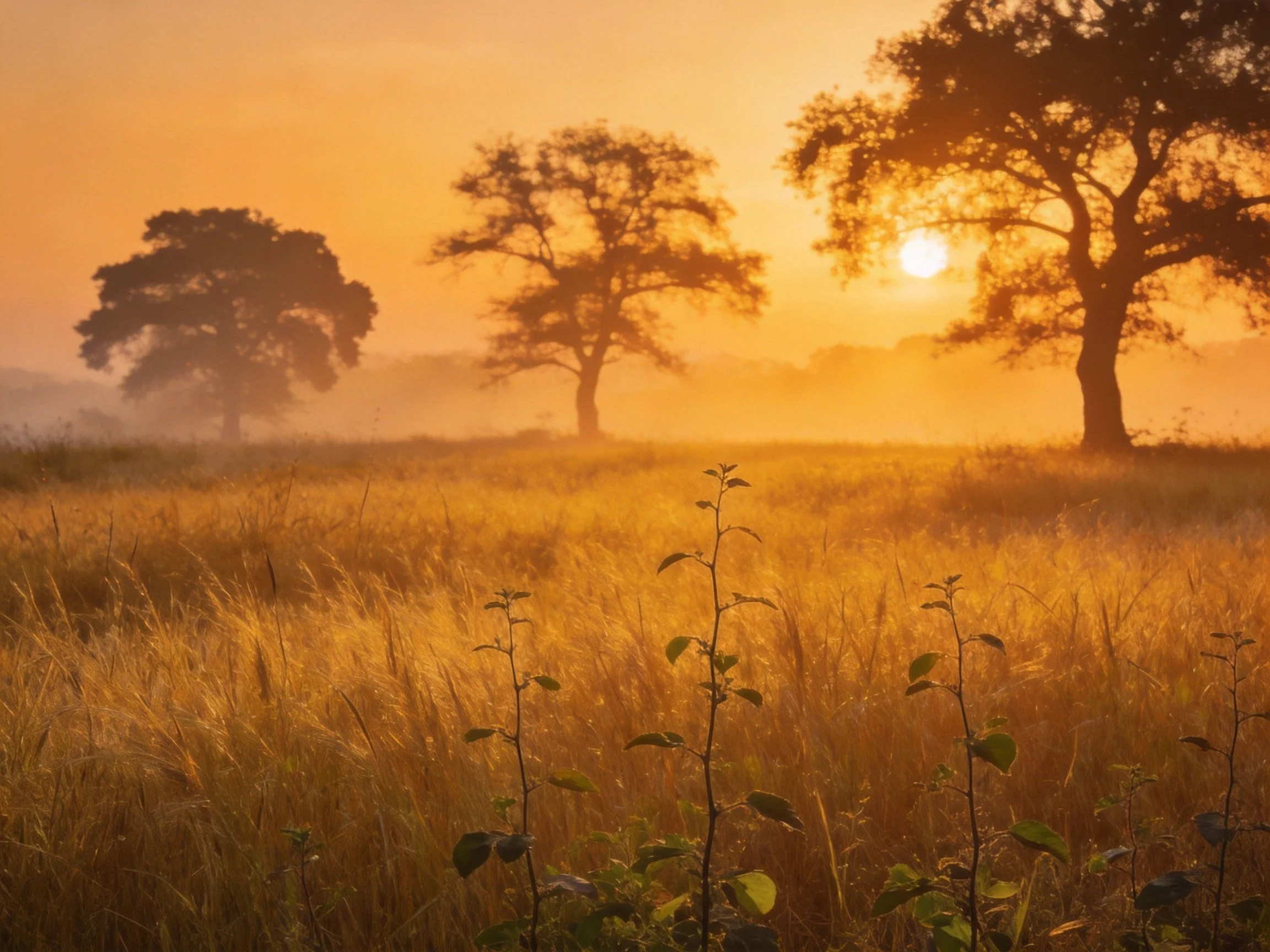 Golden meadow with silhouetted oak trees at dawn