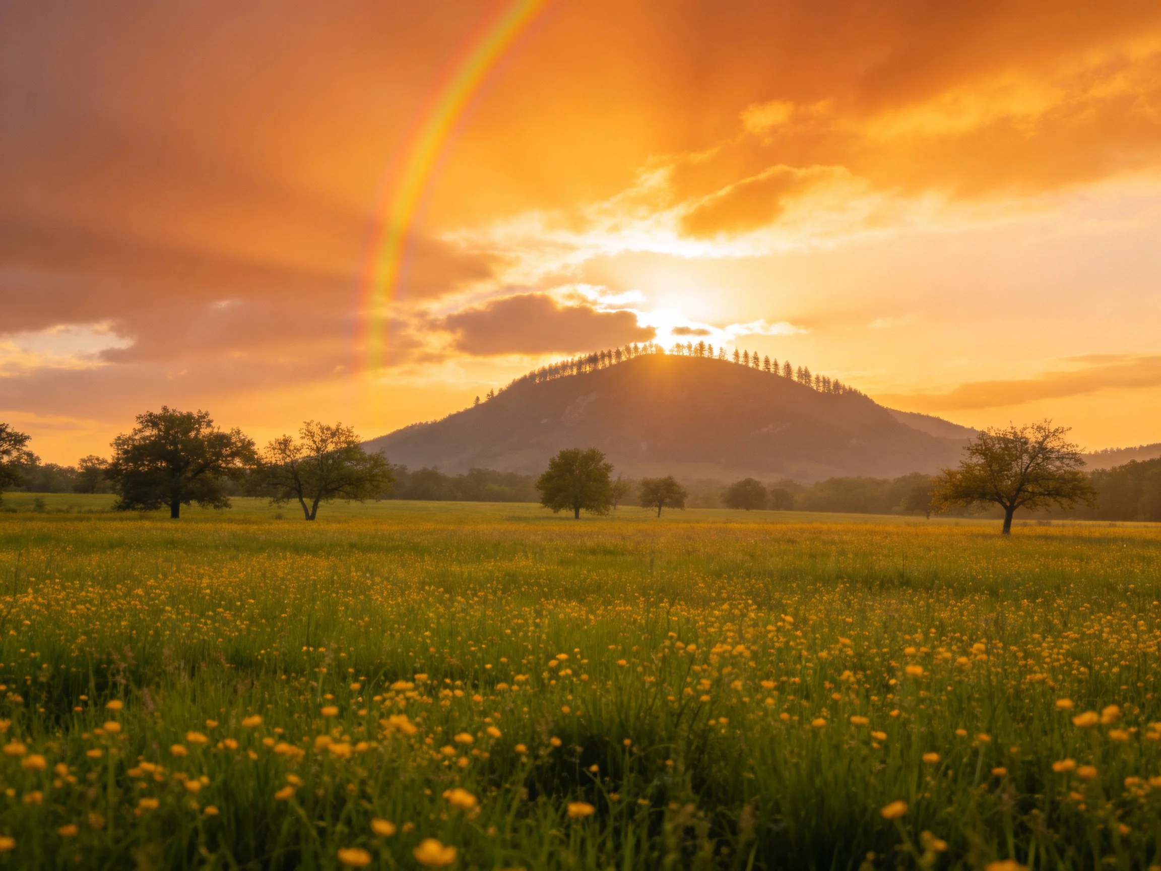 Golden meadow with yellow wildflowers, rainbow, and forested hill at sunset