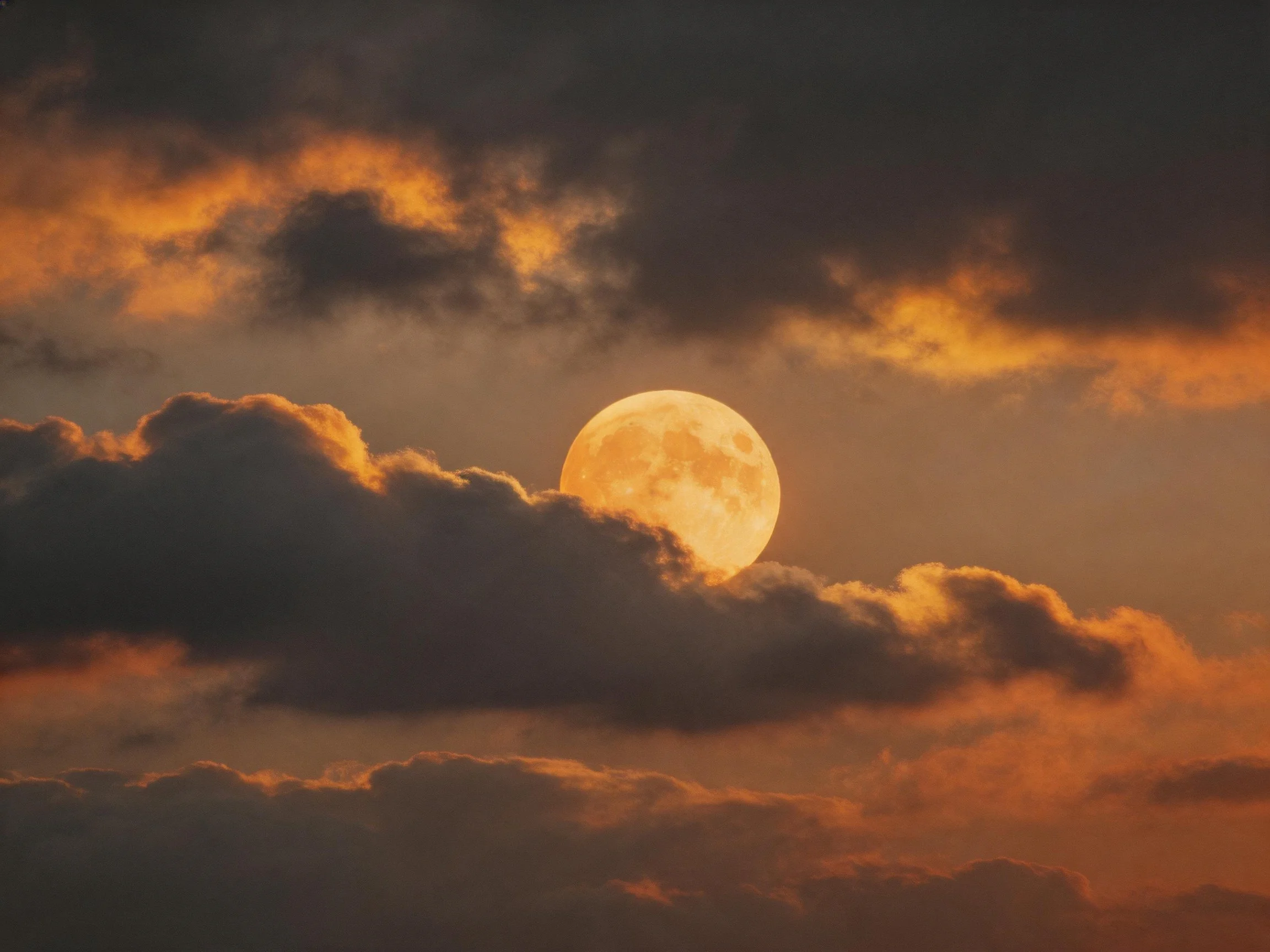 Golden moon partially hidden by dark, billowy clouds