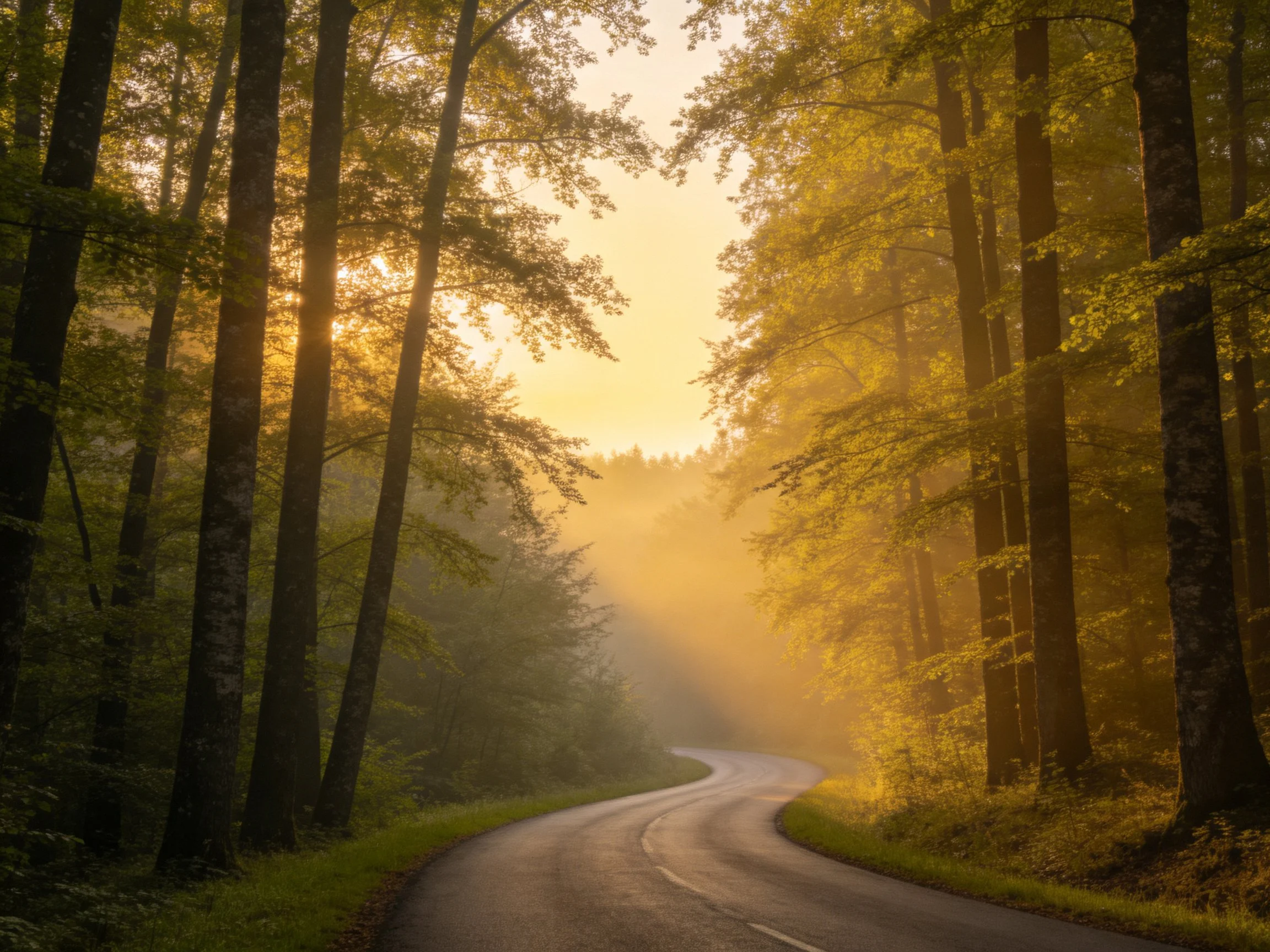 Golden morning light illuminates a winding forest road