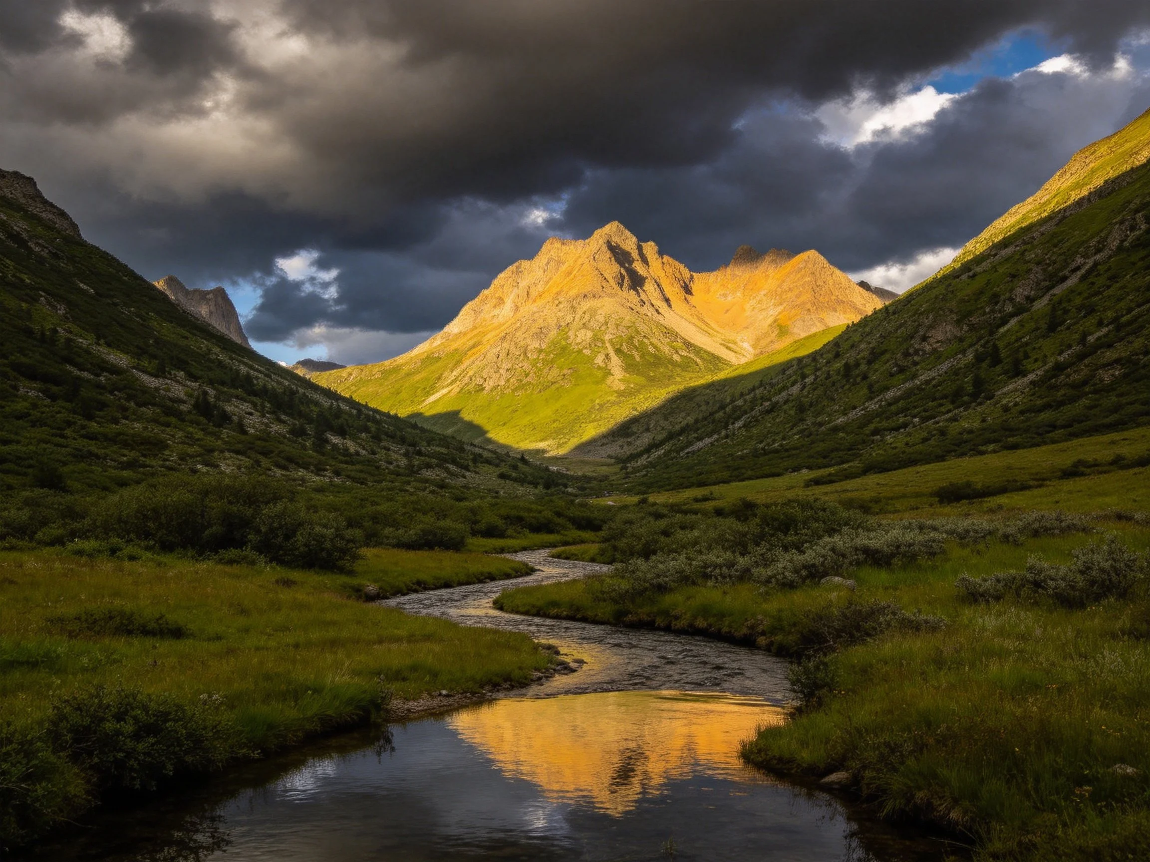 Golden mountain peak reflected in a winding stream amid stormy skies