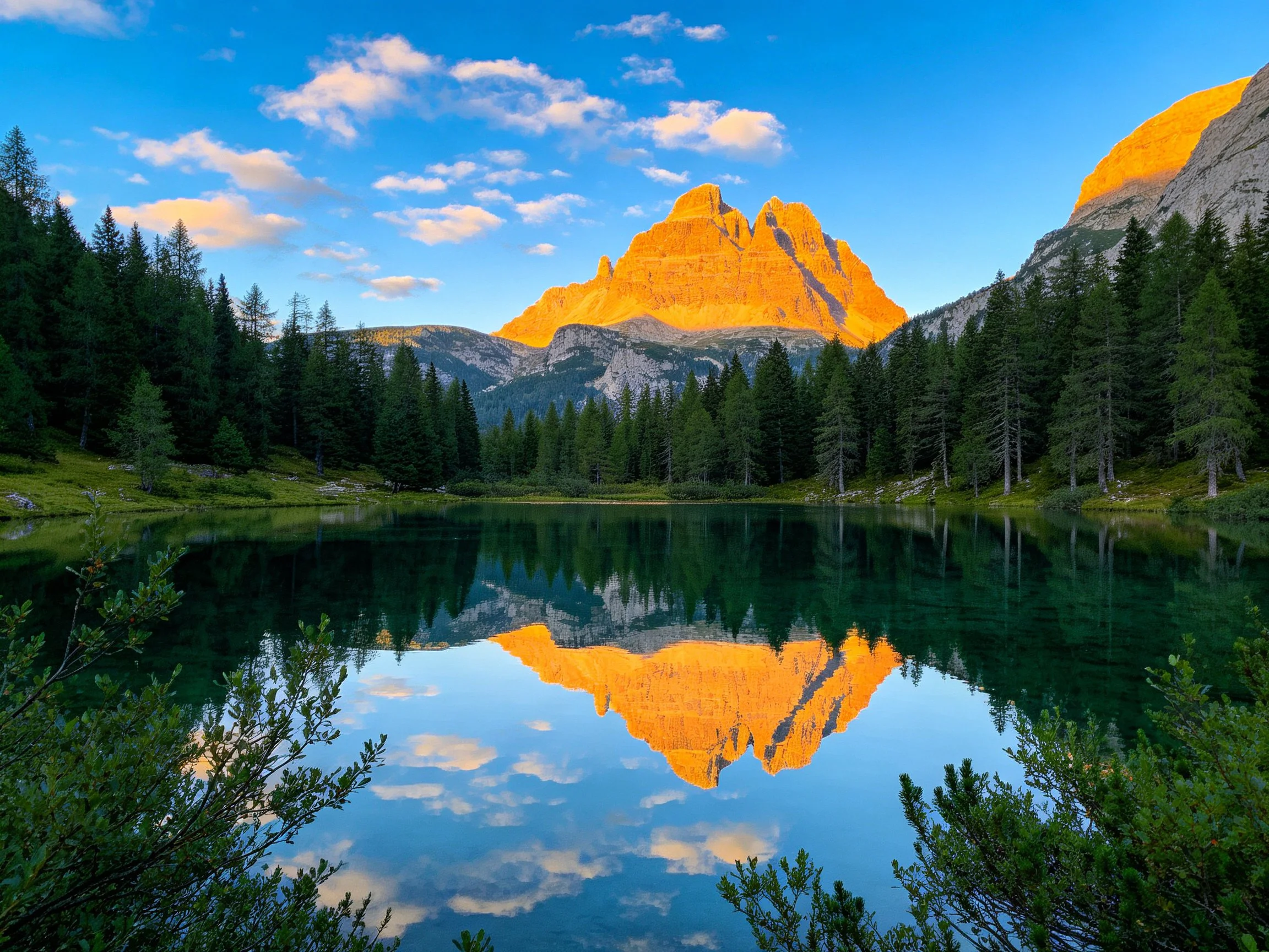 Golden mountain peaks reflect in crystal-clear alpine lake surrounded by pine forests