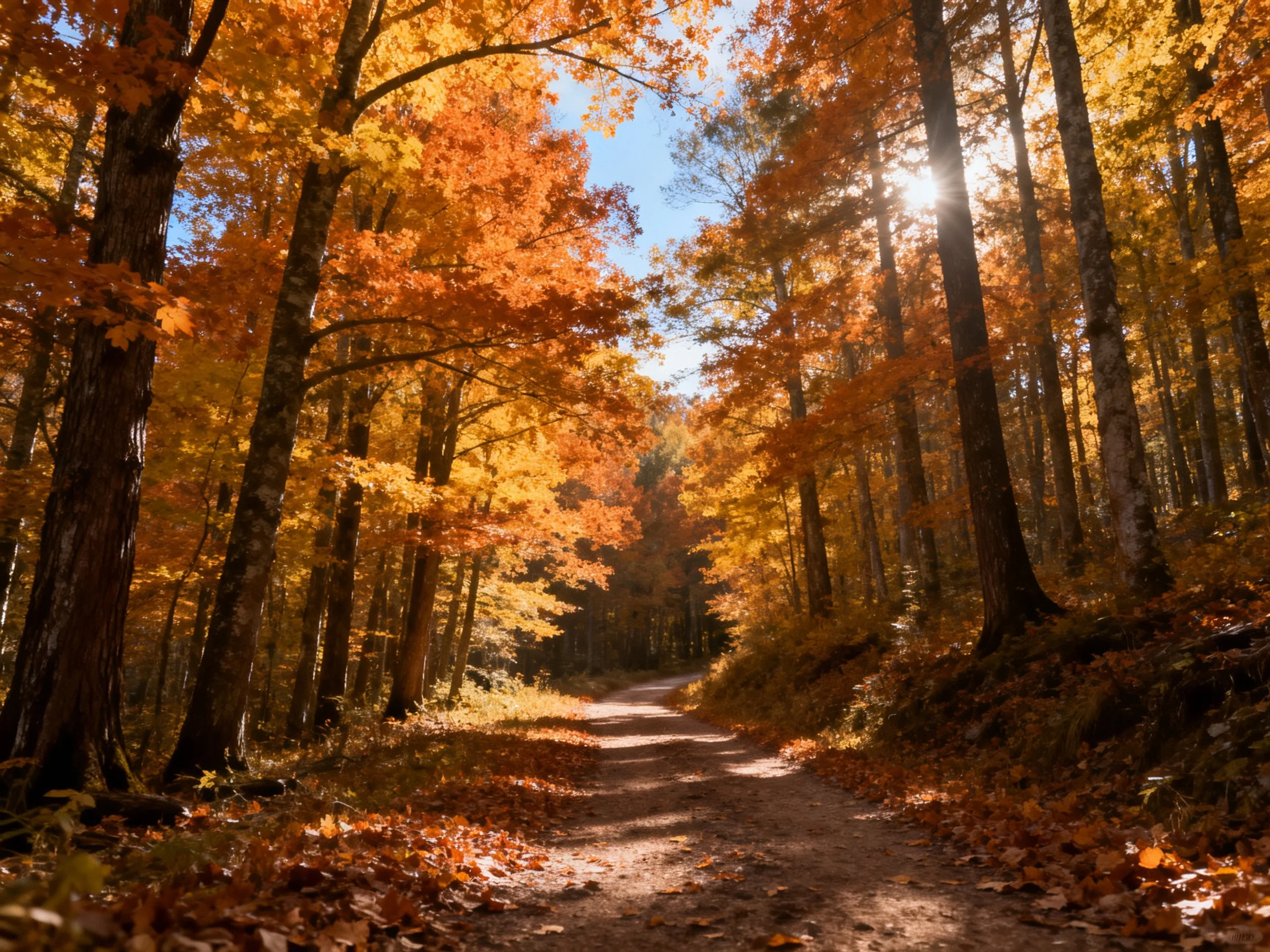 Golden-orange Foliage Frames a Sunlit Forest Path