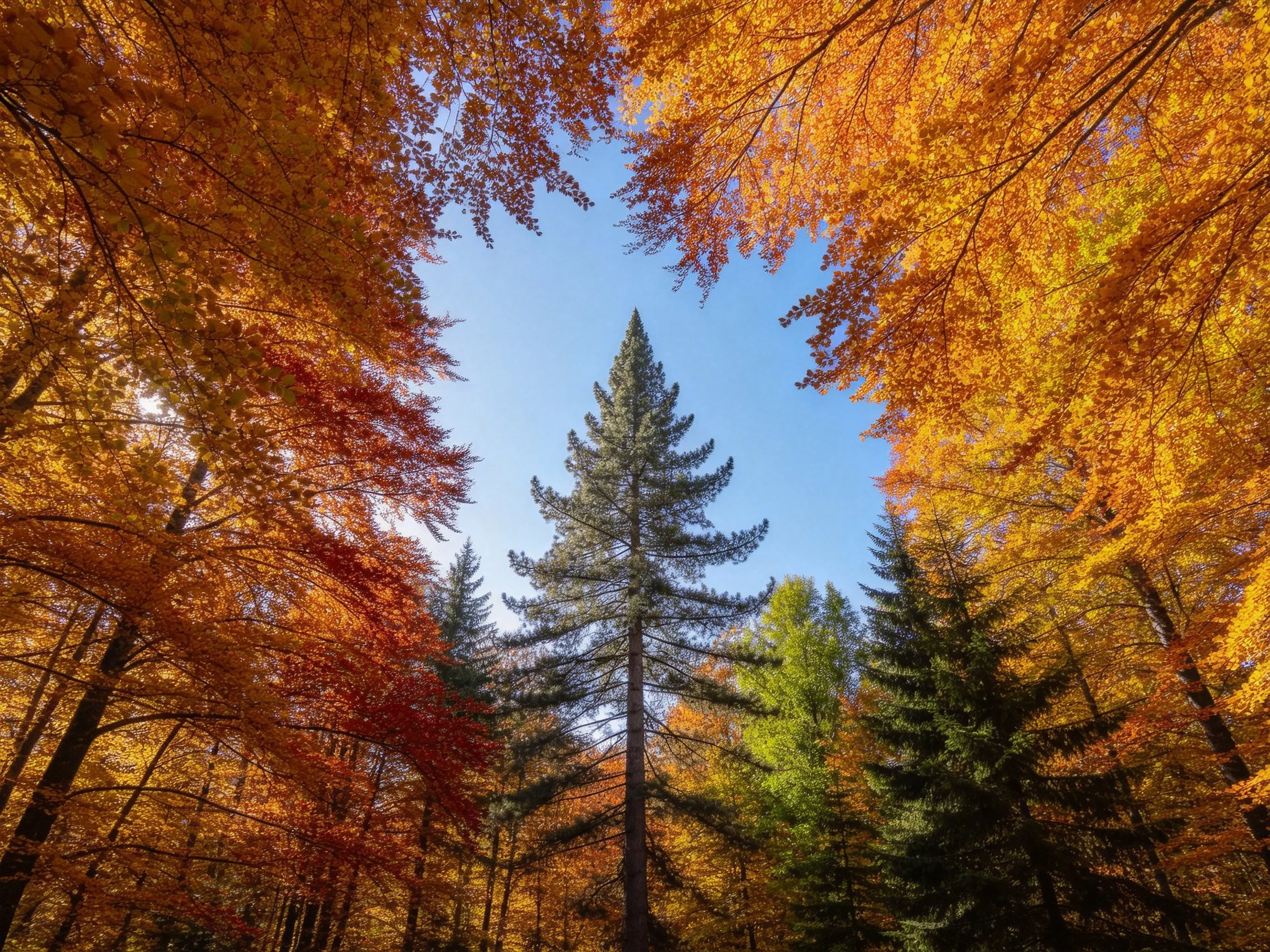 Golden-orange autumn trees surround tall evergreen pines under clear blue sky