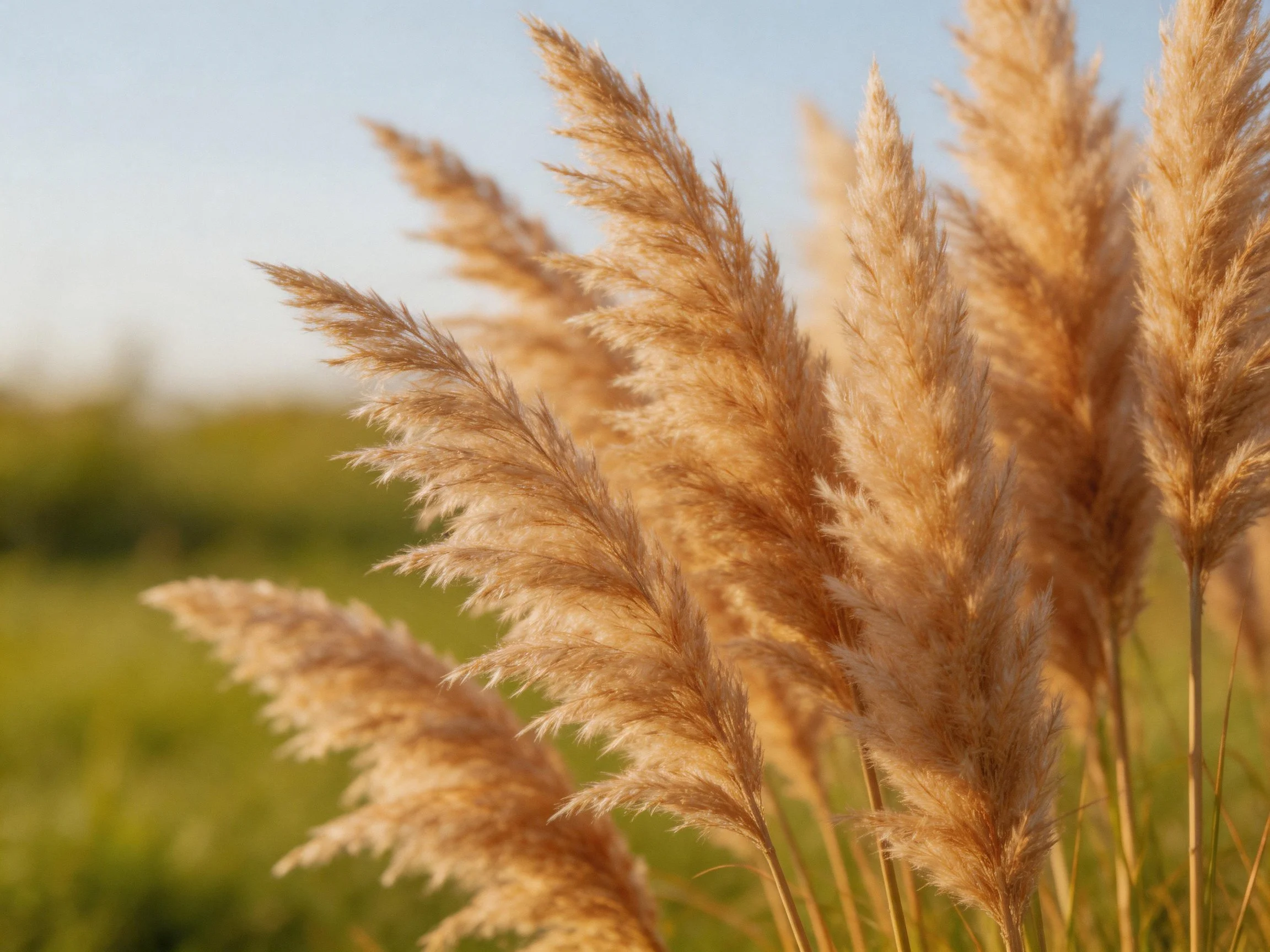 Golden pampas grass sways in a sunlit landscape