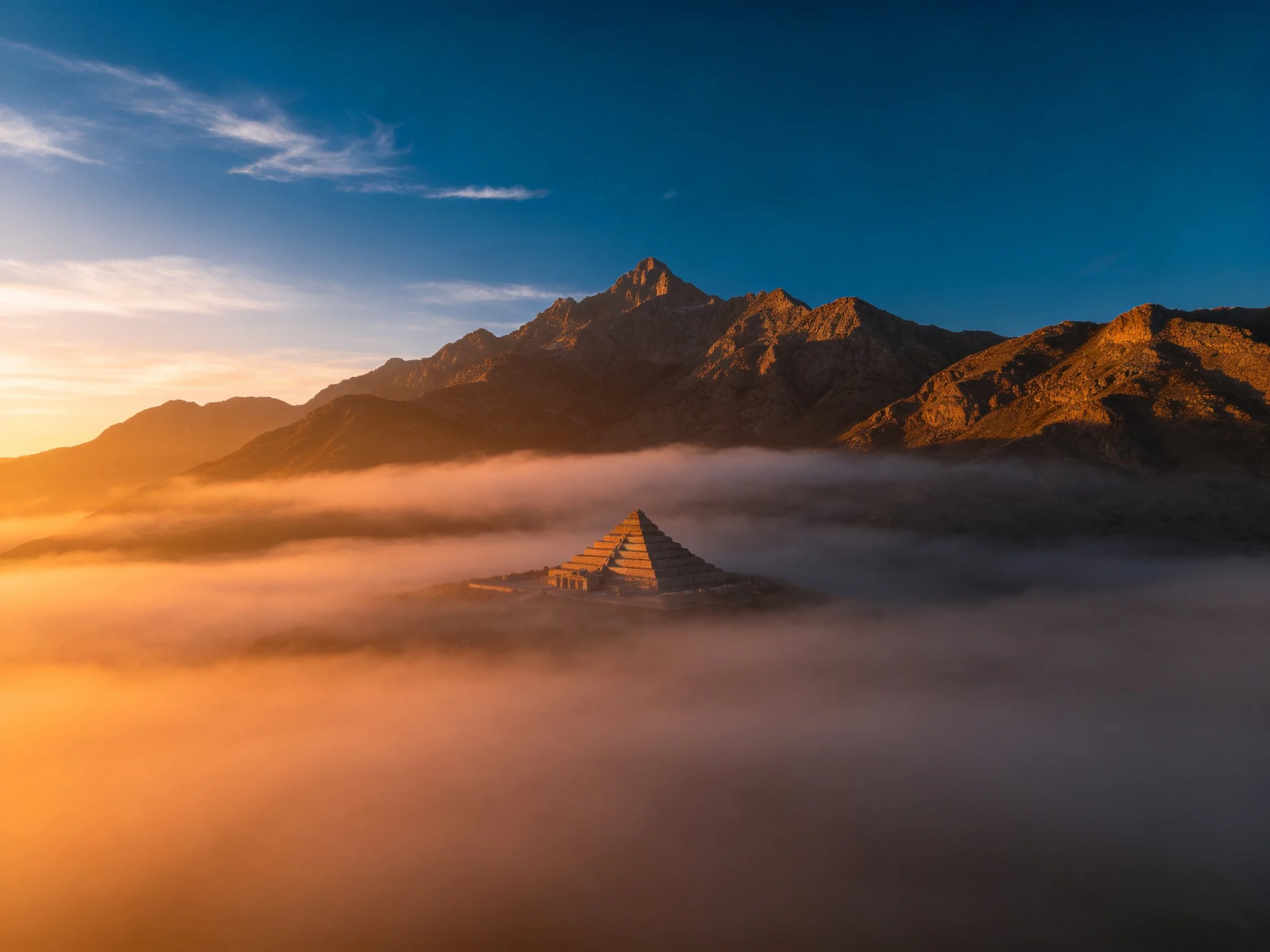 Golden pyramid amid misty mountains under blue dawn sky