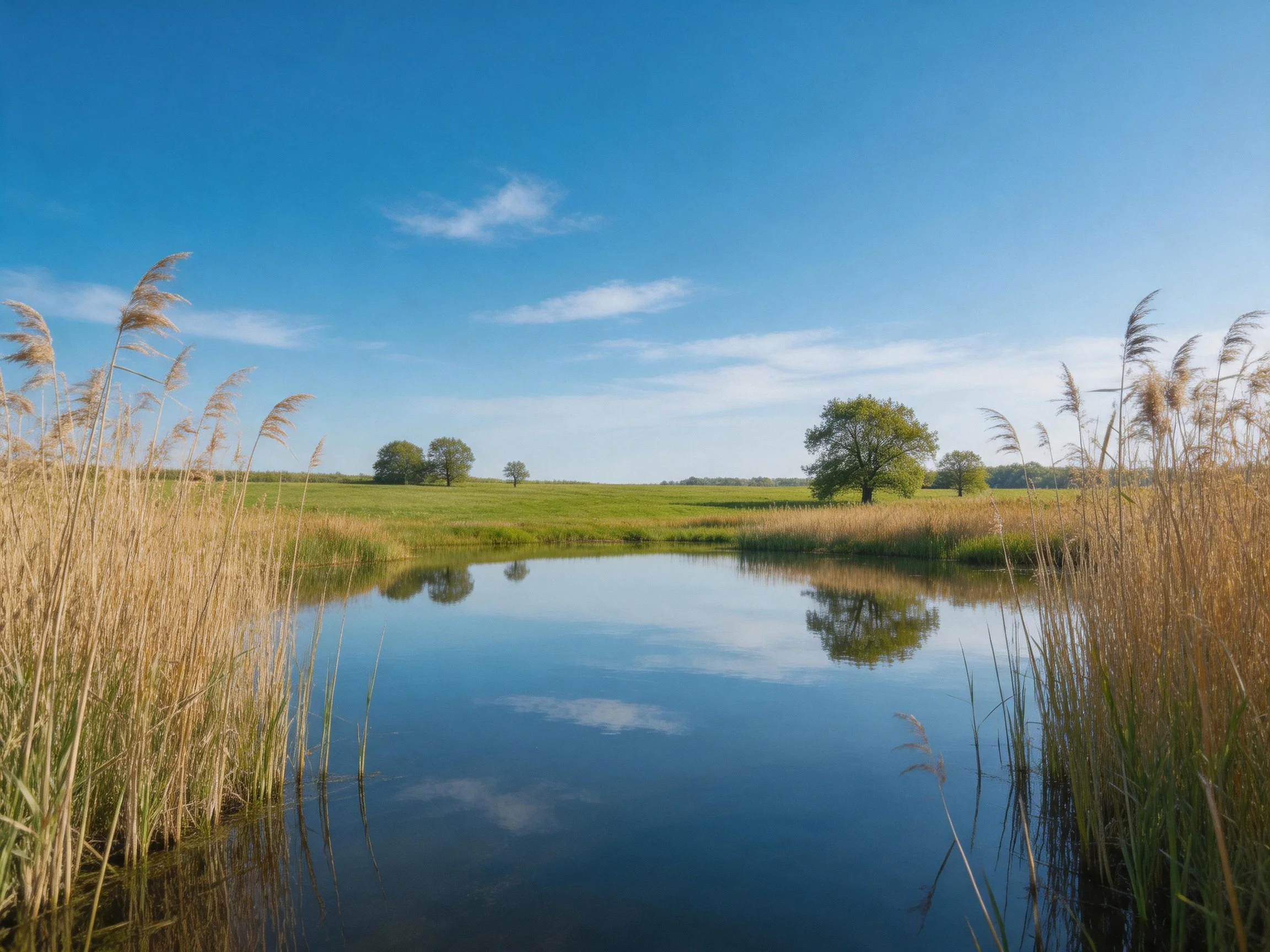 Golden reeds border a calm pond near lush green fields