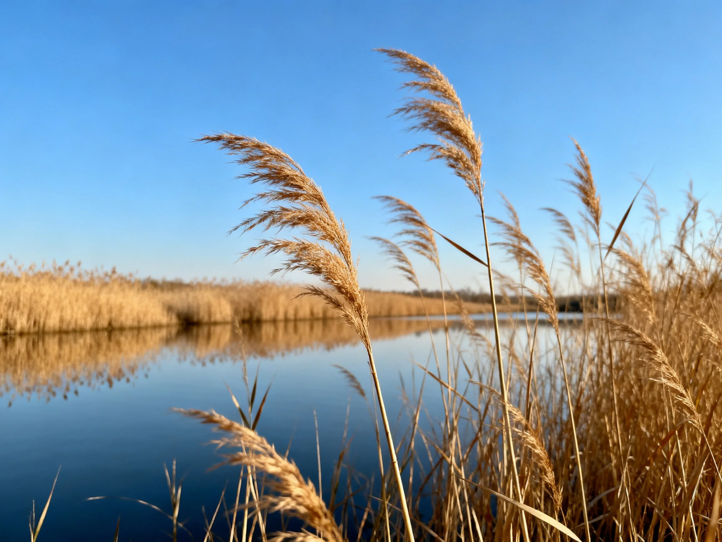 Golden reeds by a calm blue waterway under clear sky