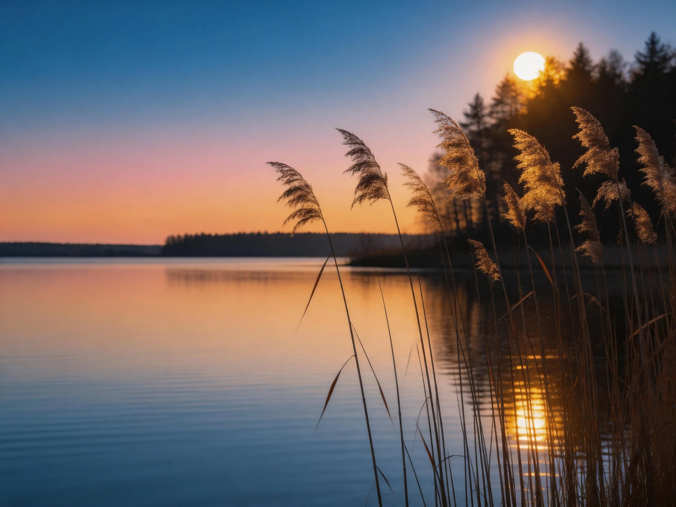 Golden reeds by a calm lake under a vibrant twilight sky