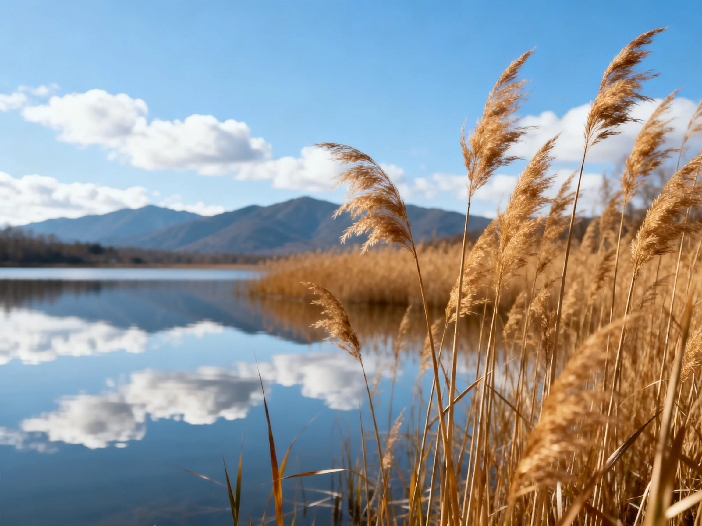 Golden reeds by a calm lake with mountain reflections