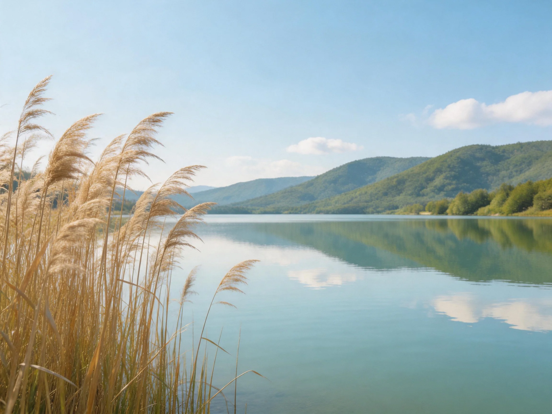 Golden reeds by a tranquil lake with mountain reflections