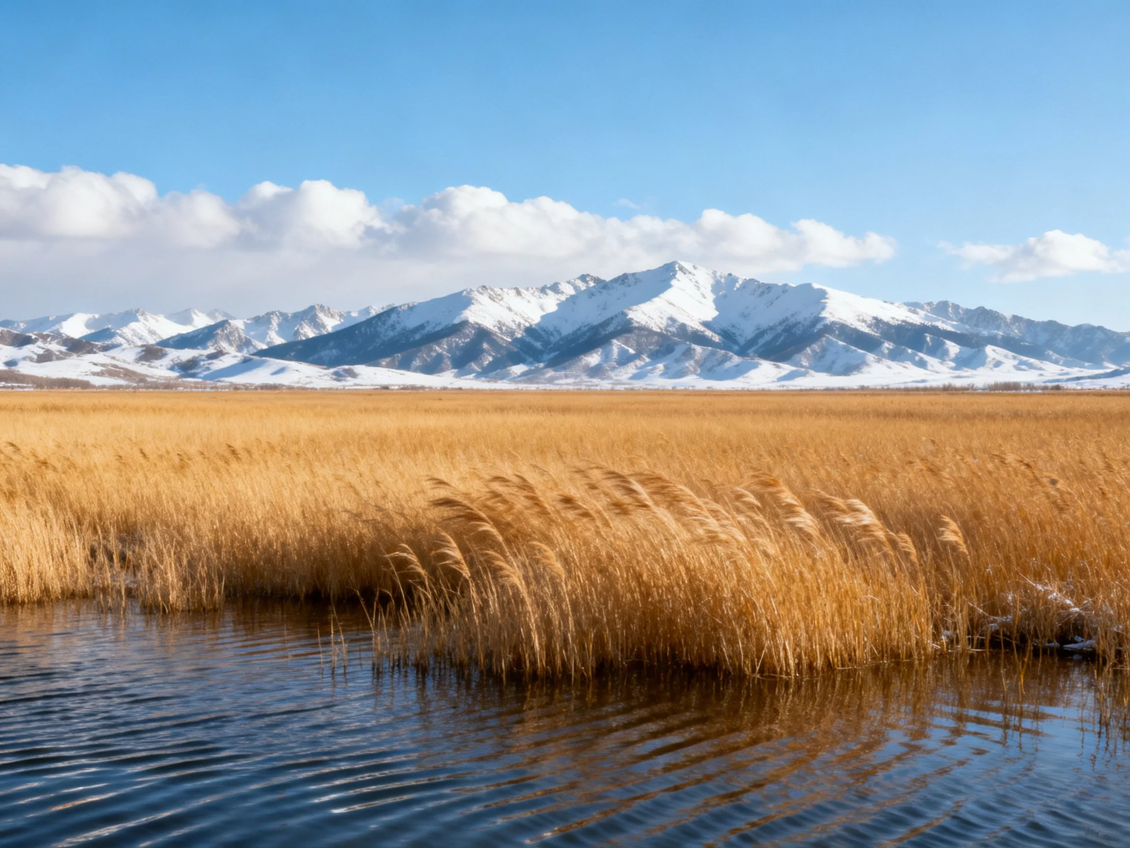 Golden reeds by calm water with snow-capped mountains