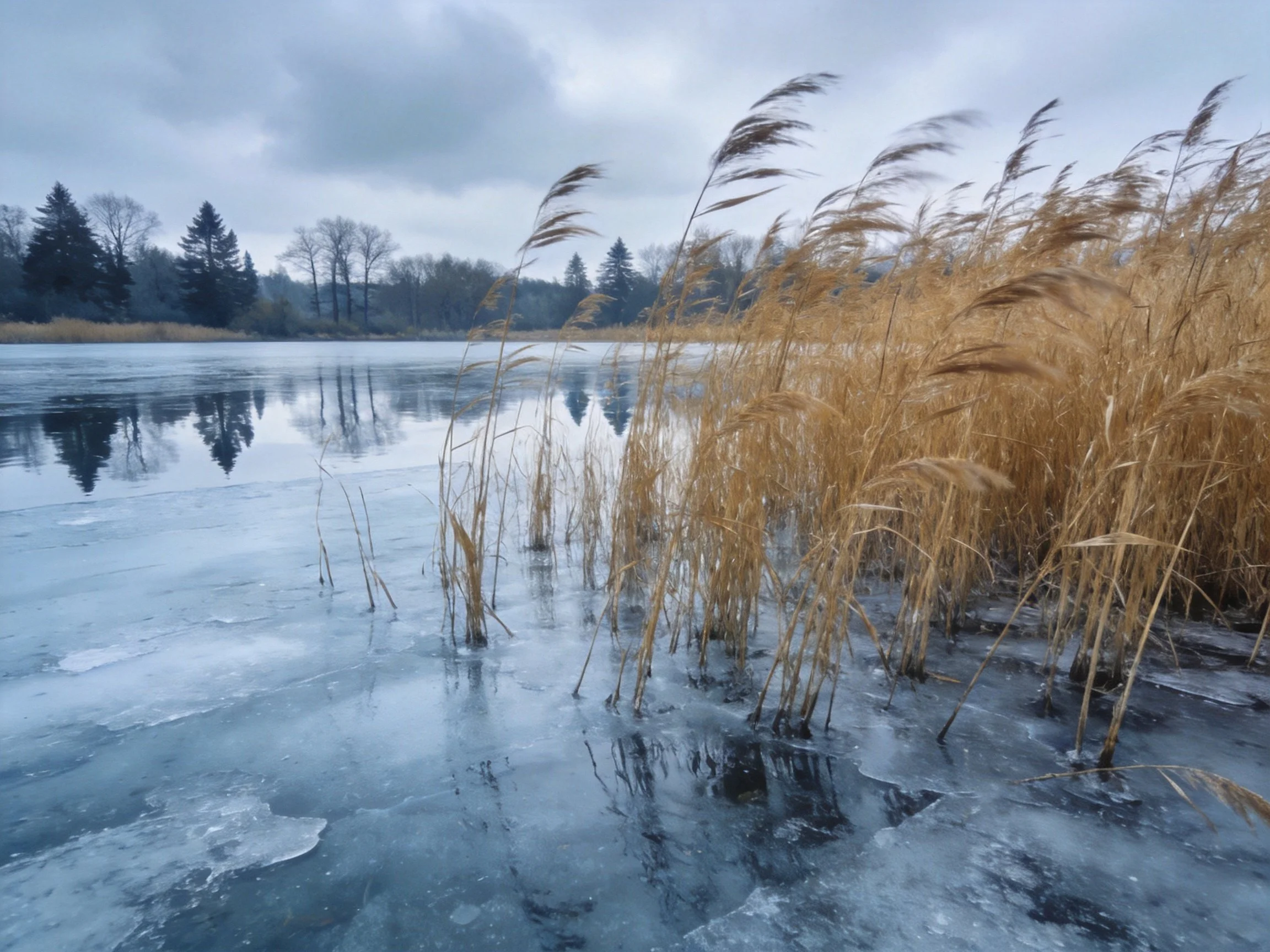 Golden reeds by icy lake under overcast sky