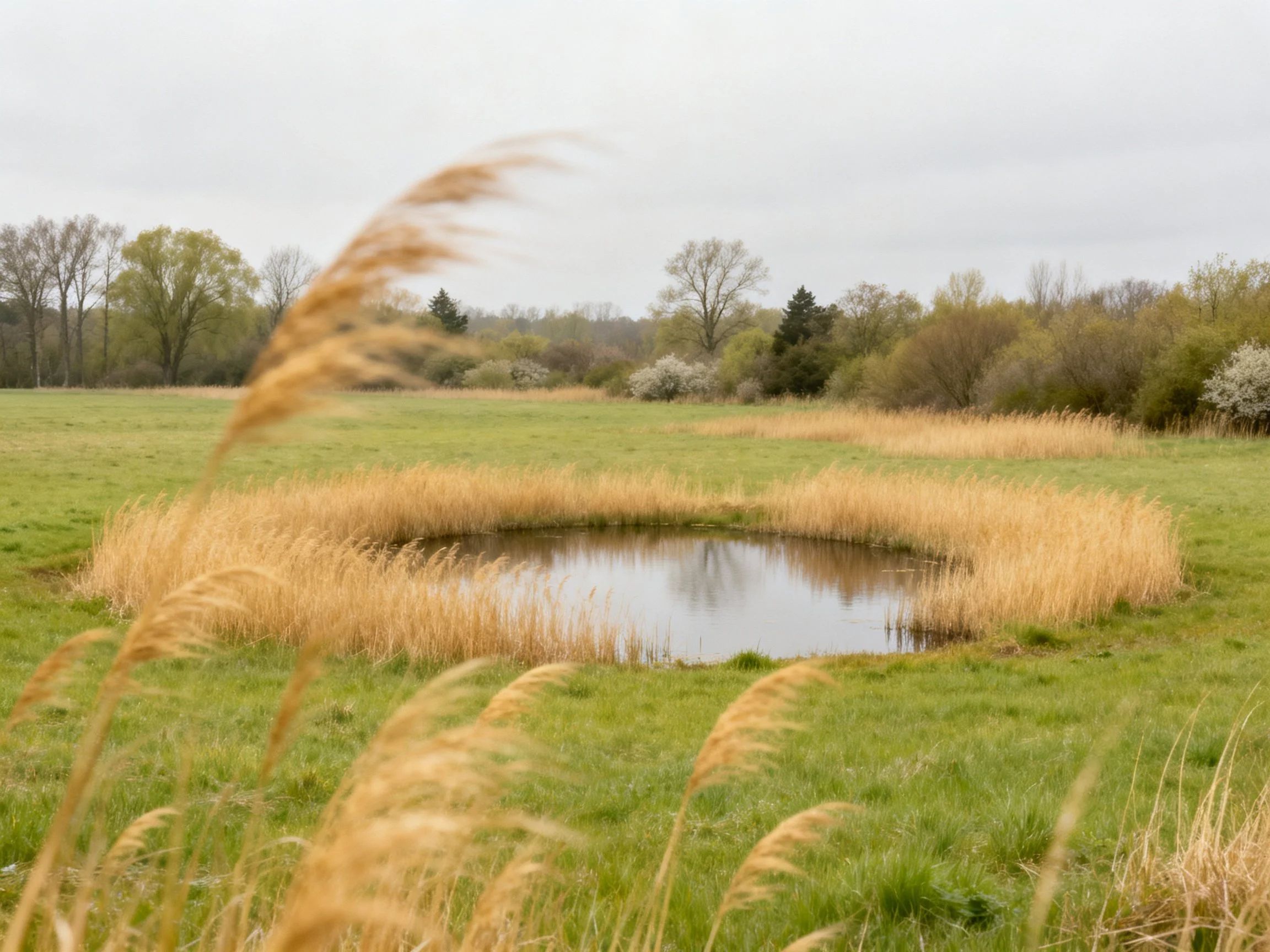 Golden reeds encircle a small pond in a green meadow