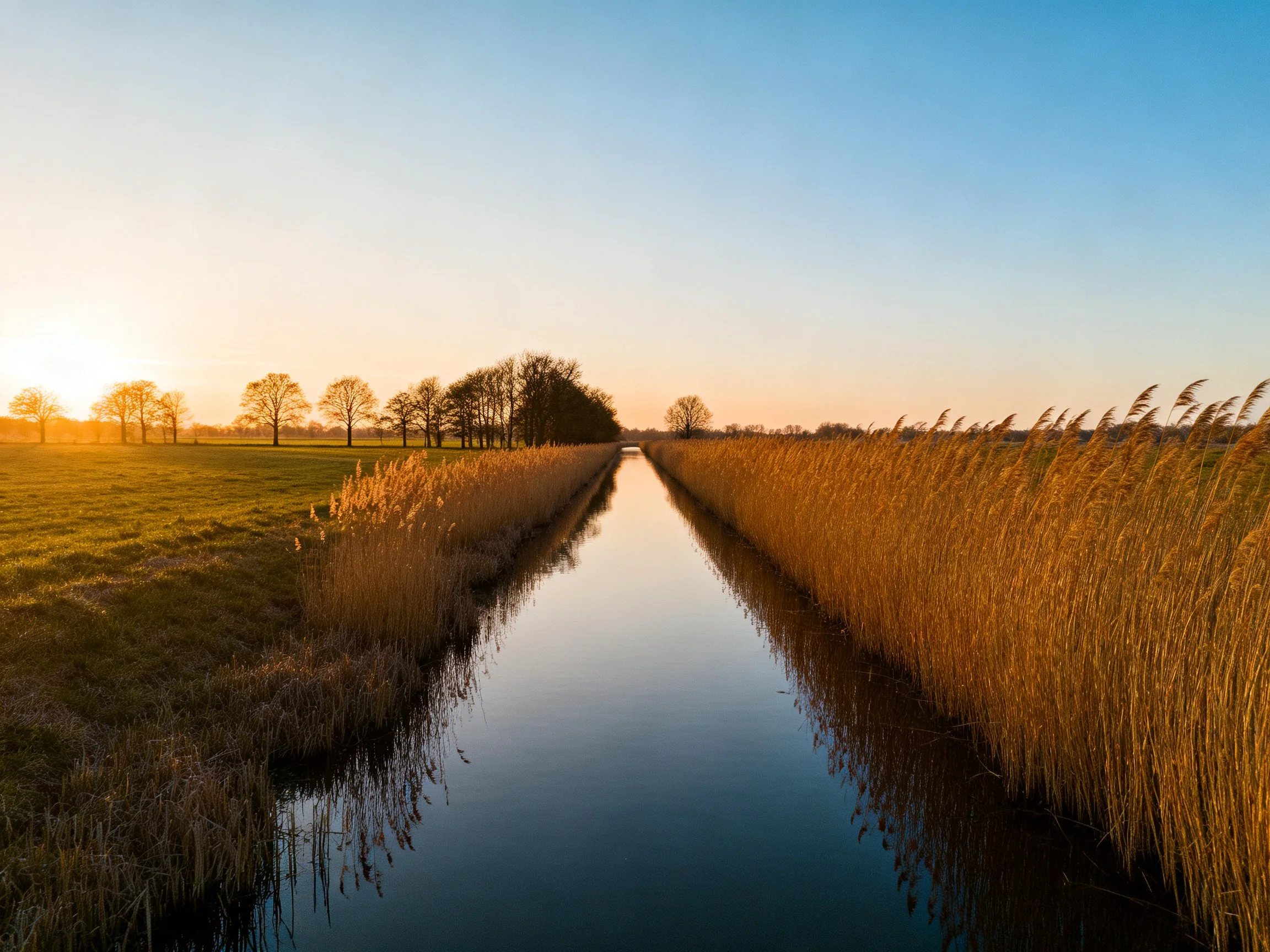 Golden reeds flank a narrow water channel between sunlit fields and trees