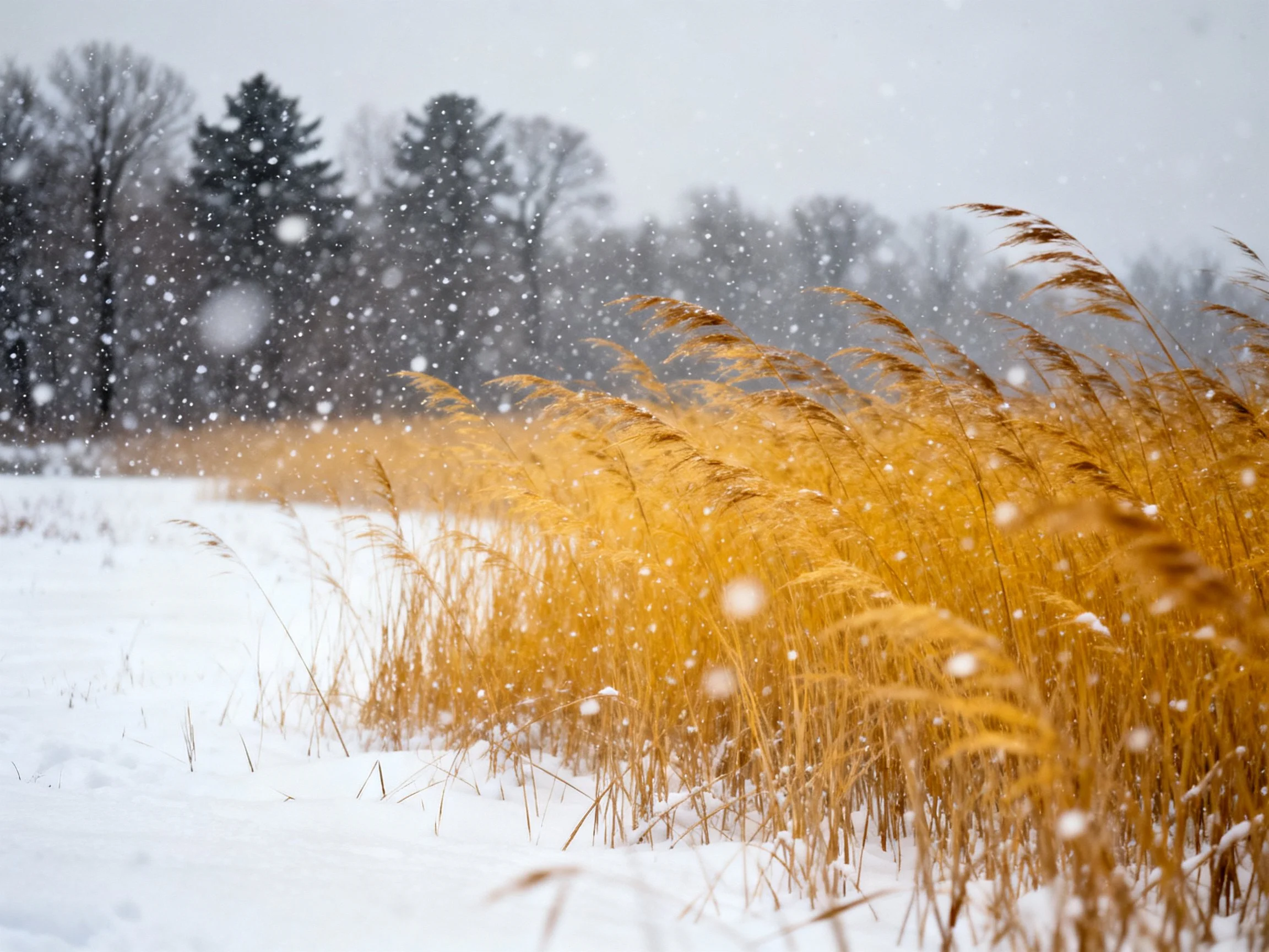 Golden reeds sway in a snowy field during a snowfall