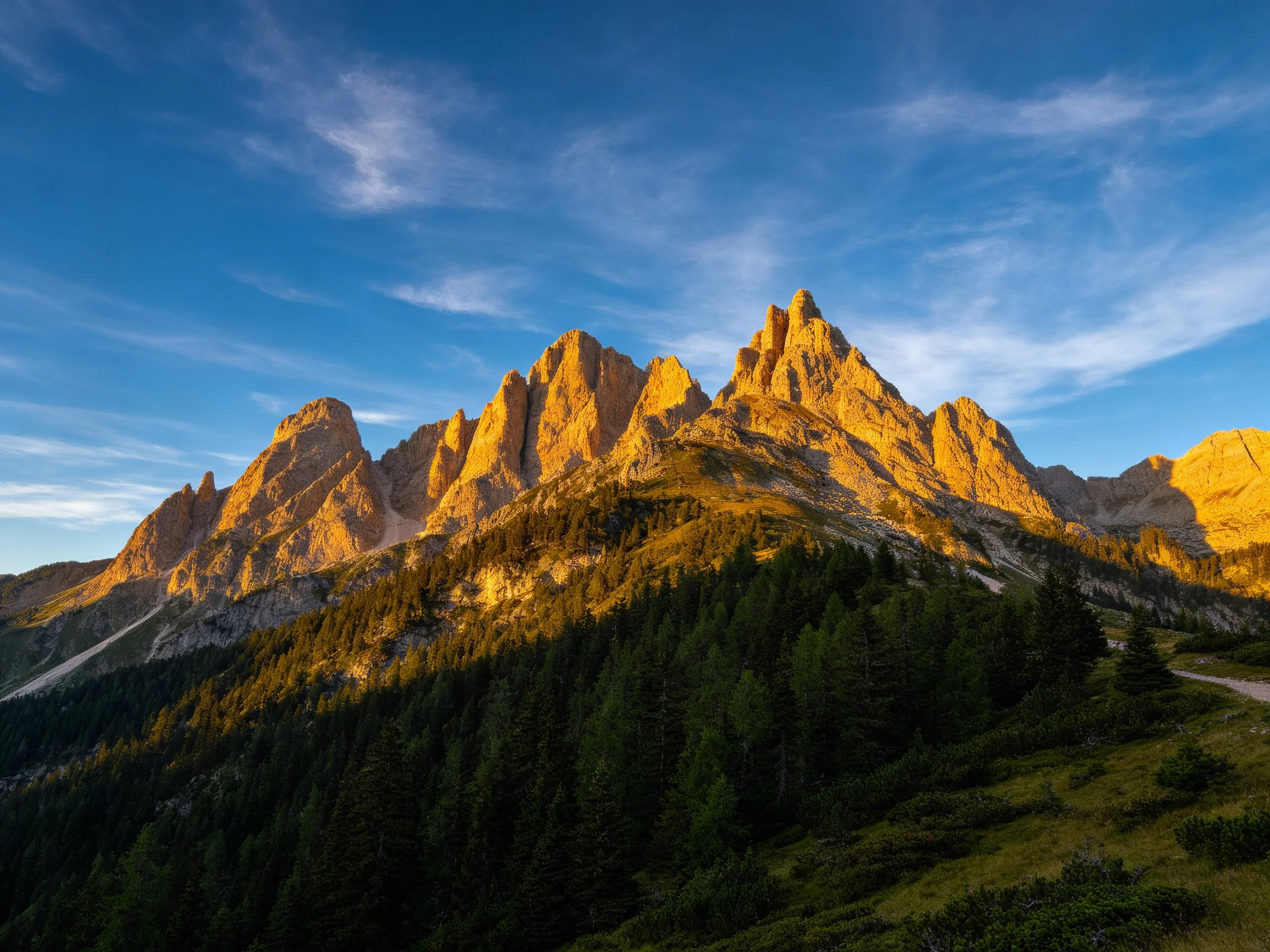 Golden rocky peaks tower over lush forests under a clear blue sky