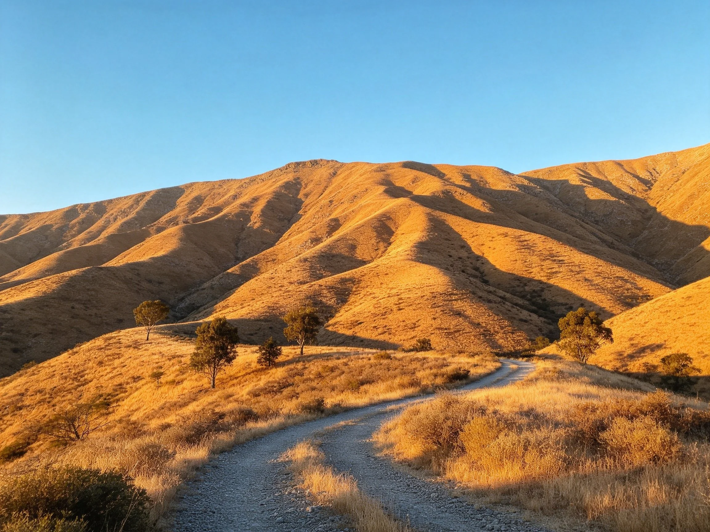 Golden rolling hills with a gravel path and scattered trees