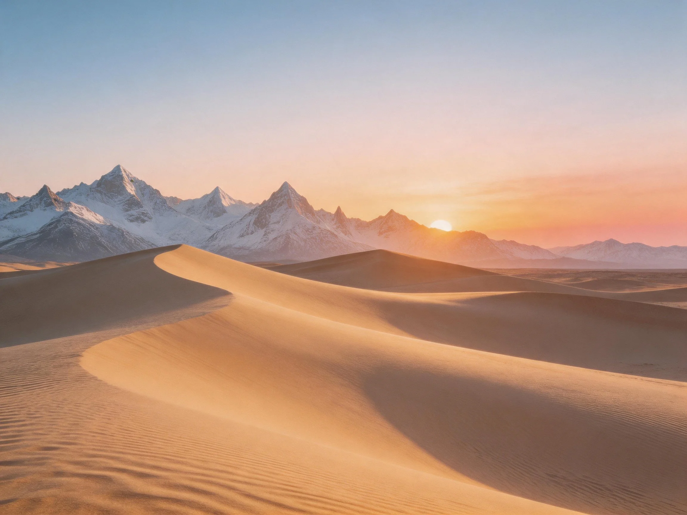 Golden sand dunes beside snow-capped mountain peaks at sunrise