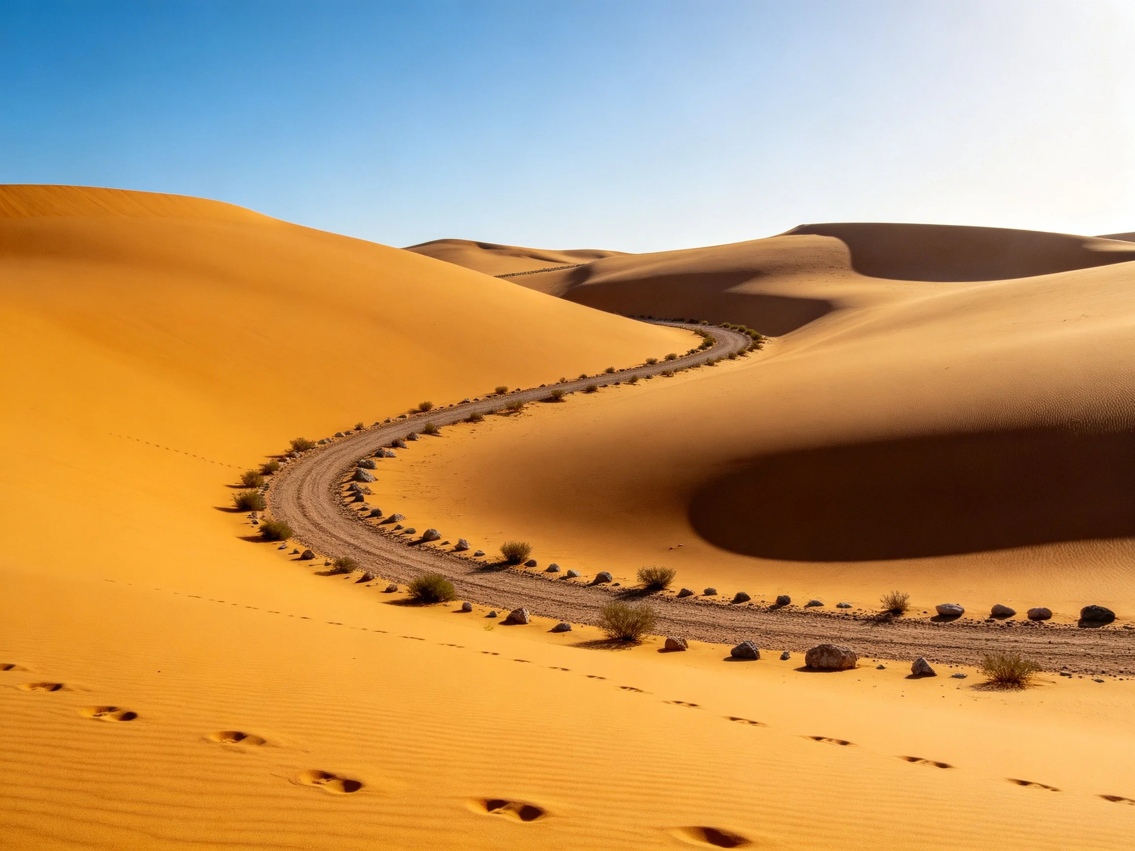 Golden sand dunes curve around a winding rocky path under clear blue sky