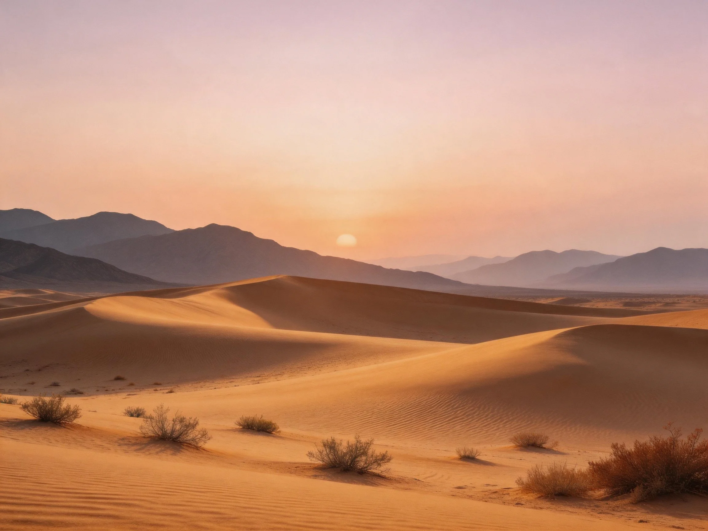 Golden sand dunes illuminated by a warm sunset with distant mountains