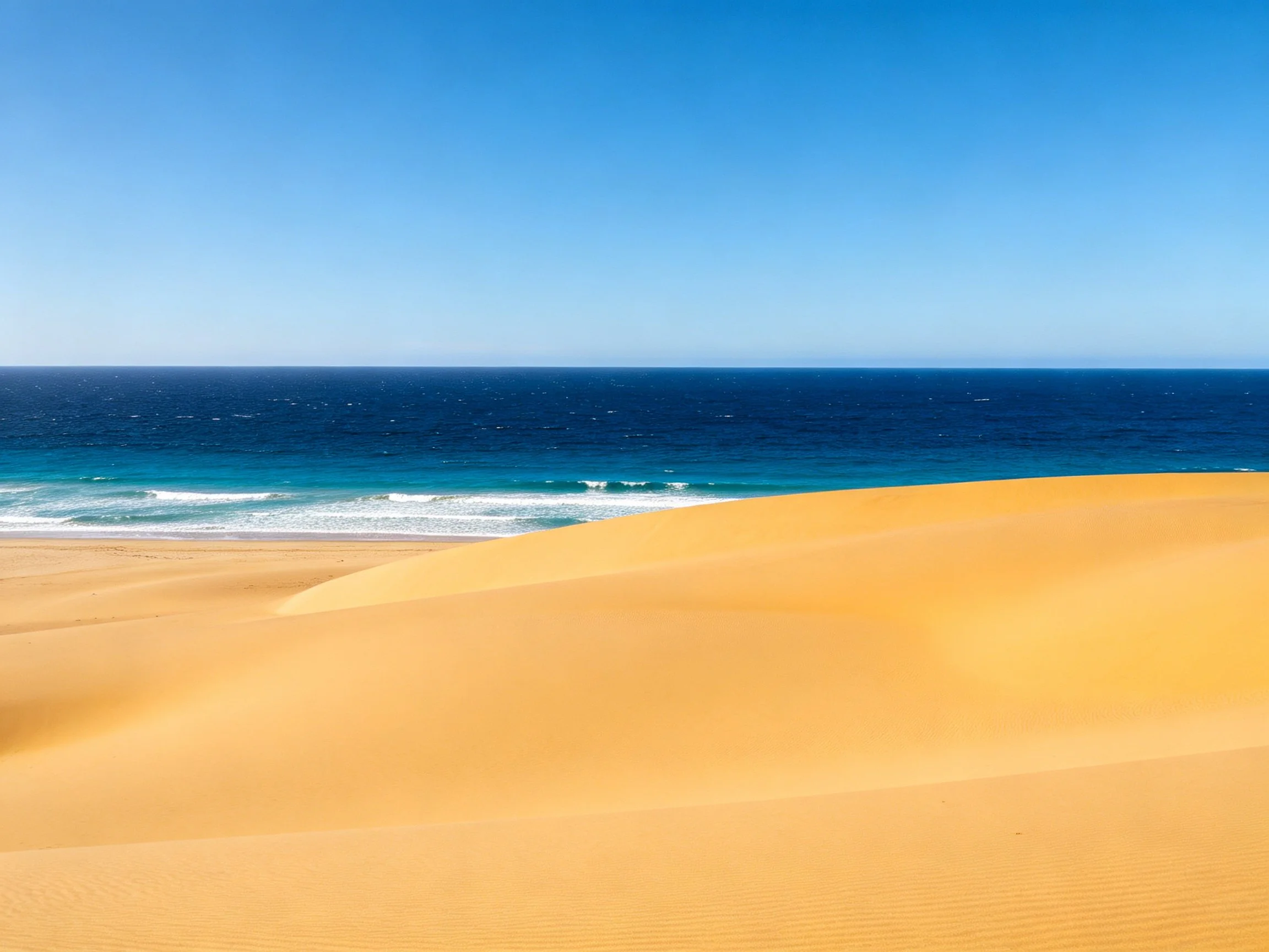Golden sand dunes meet turquoise ocean waves under clear blue sky.