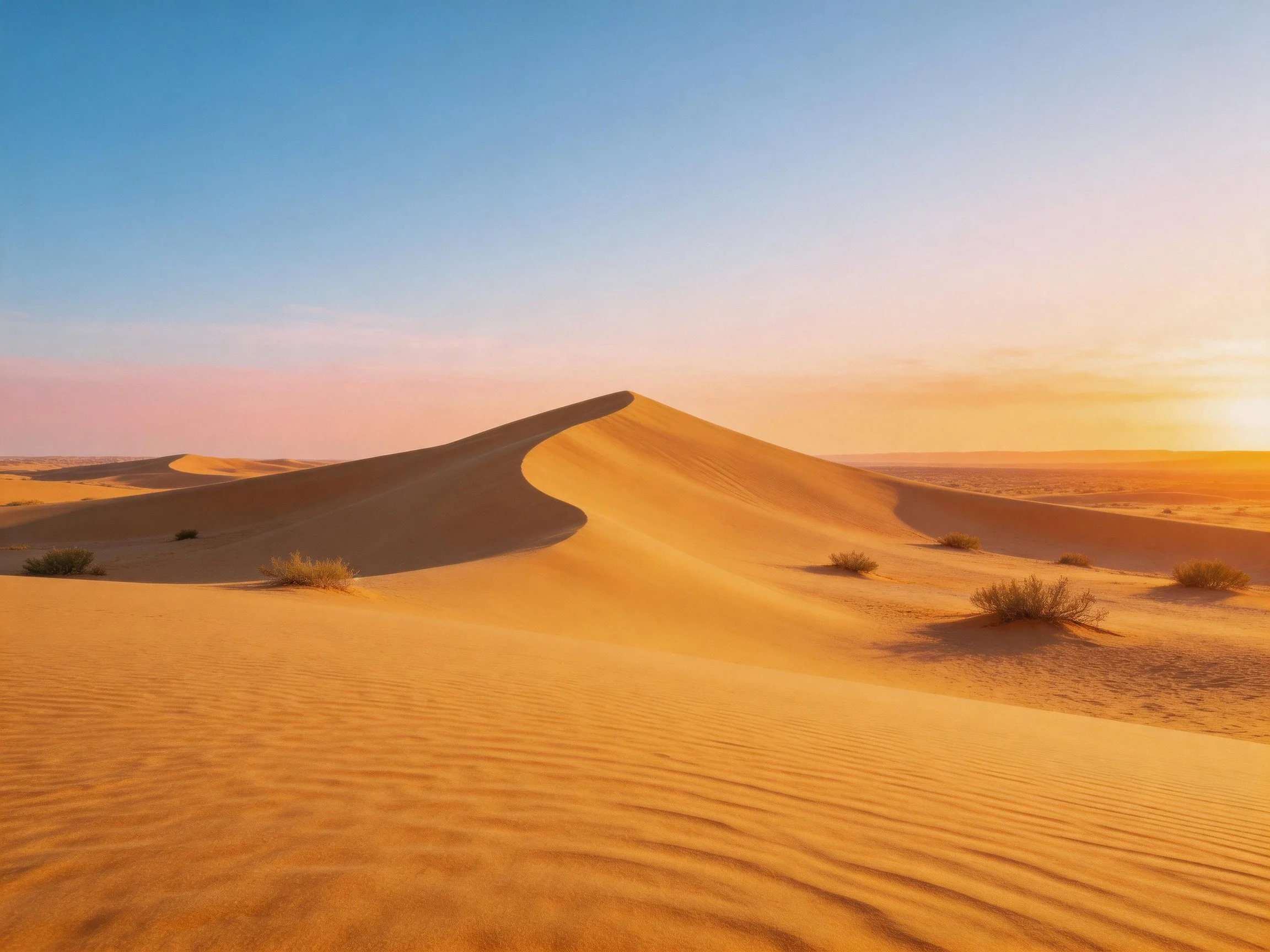 Golden sand dunes span a vast desert under a warm sunset sky