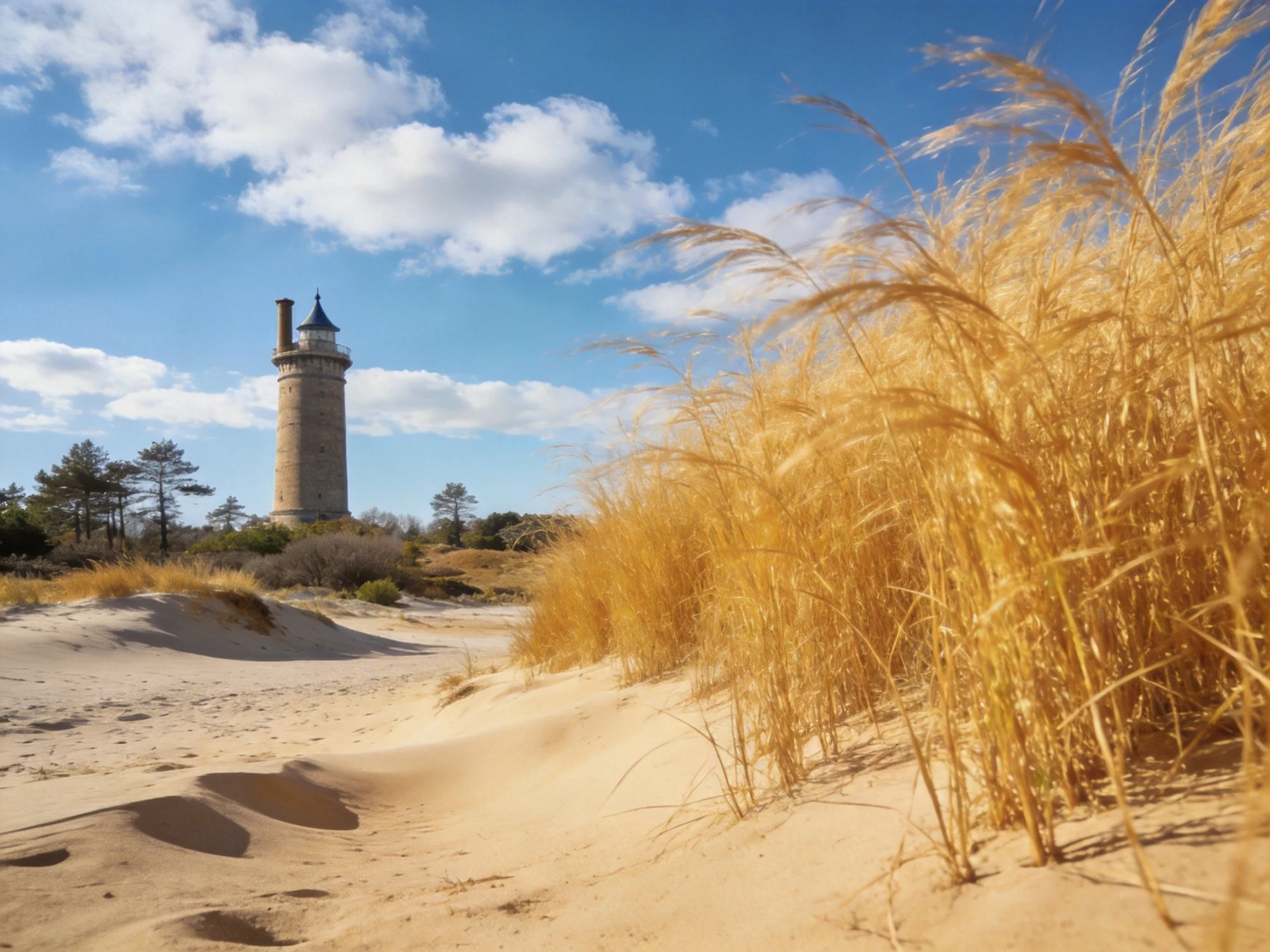 Golden sand dunes surround a historic stone lighthouse under blue skies.