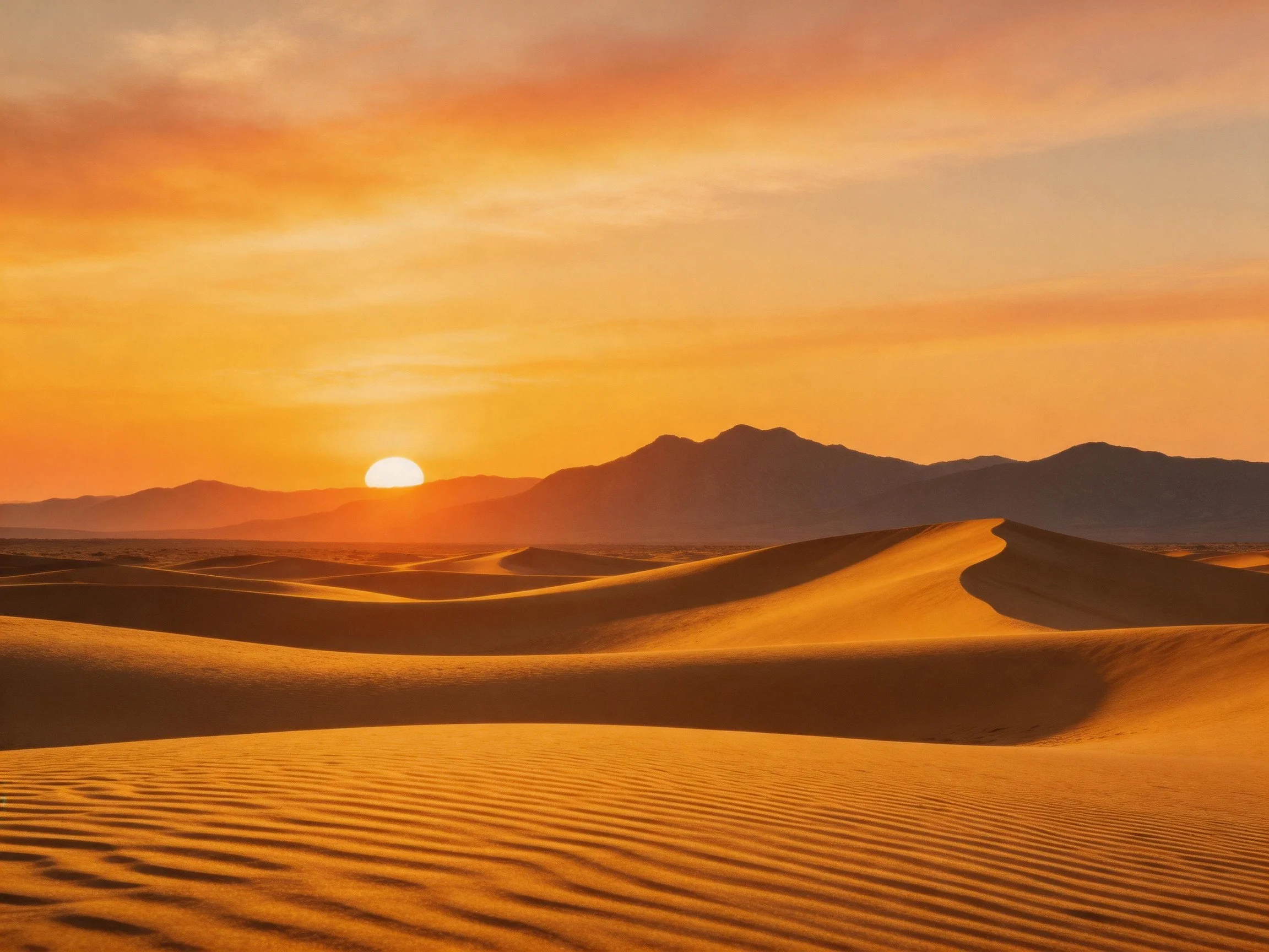 Golden sand dunes under a vivid orange sunset sky