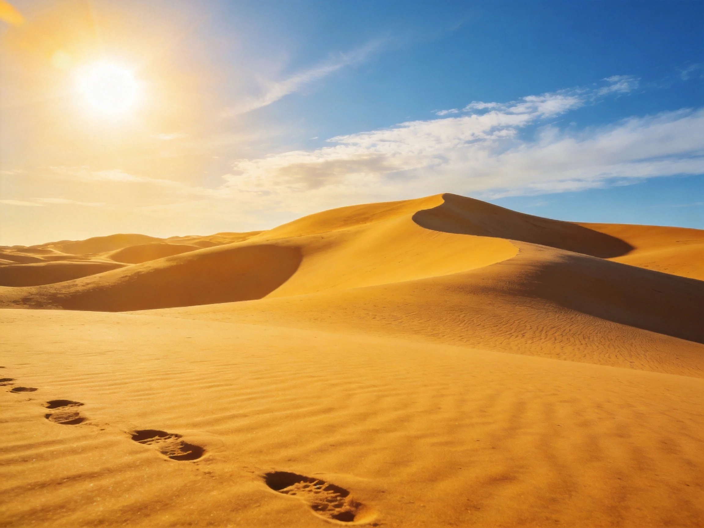Golden sand dunes under bright sun with blue sky