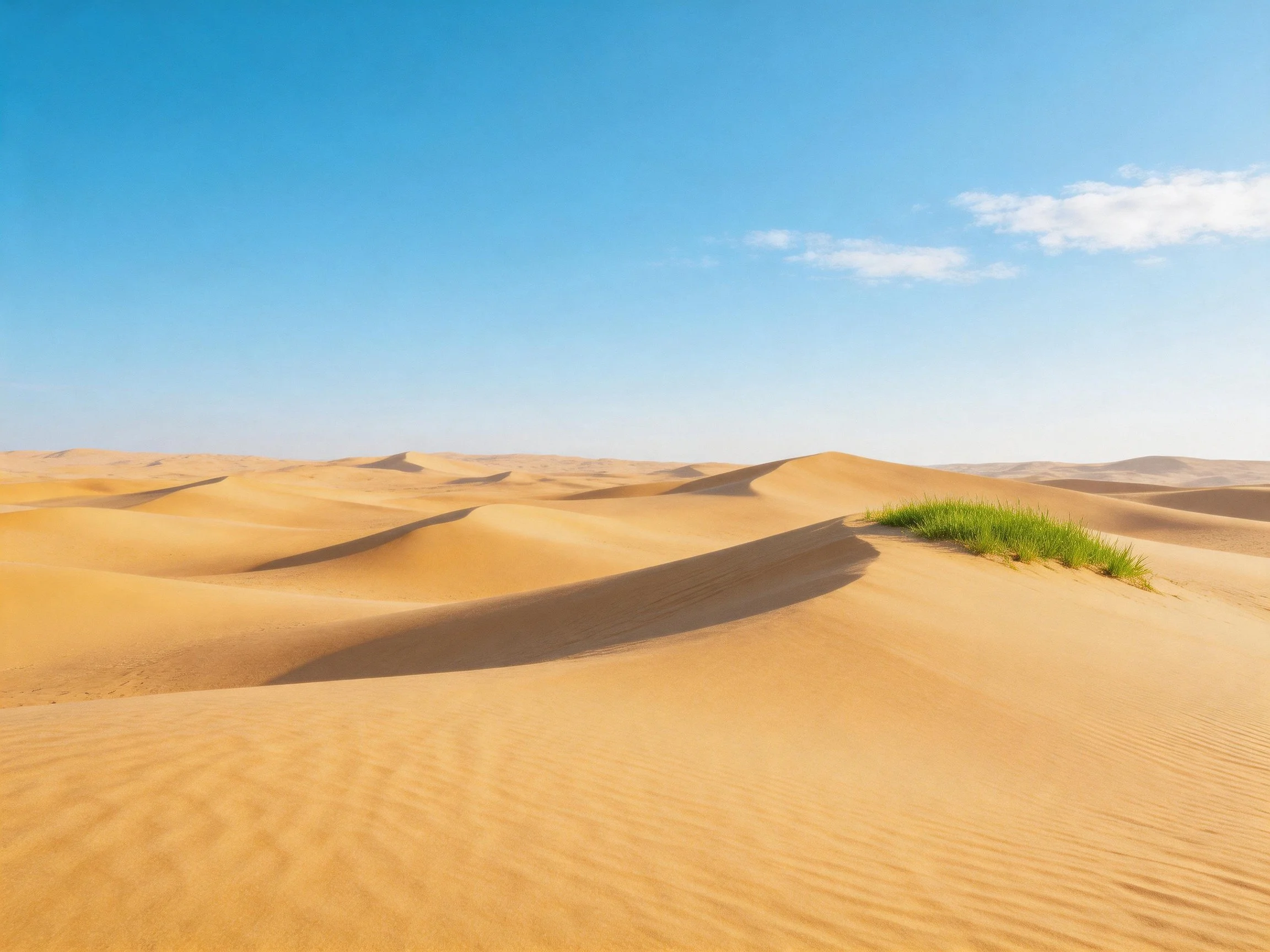 Golden sand dunes under clear blue sky with sparse vegetation