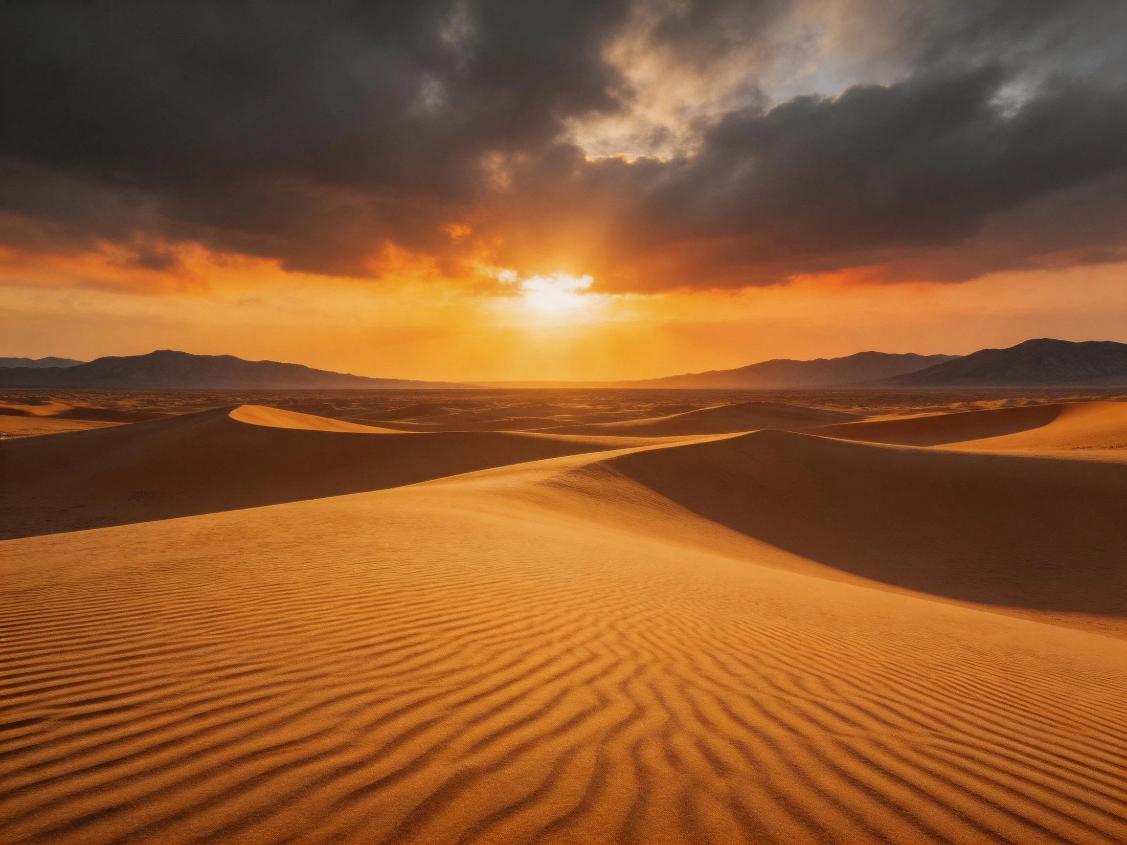 Golden sand dunes under dramatic sunset sky