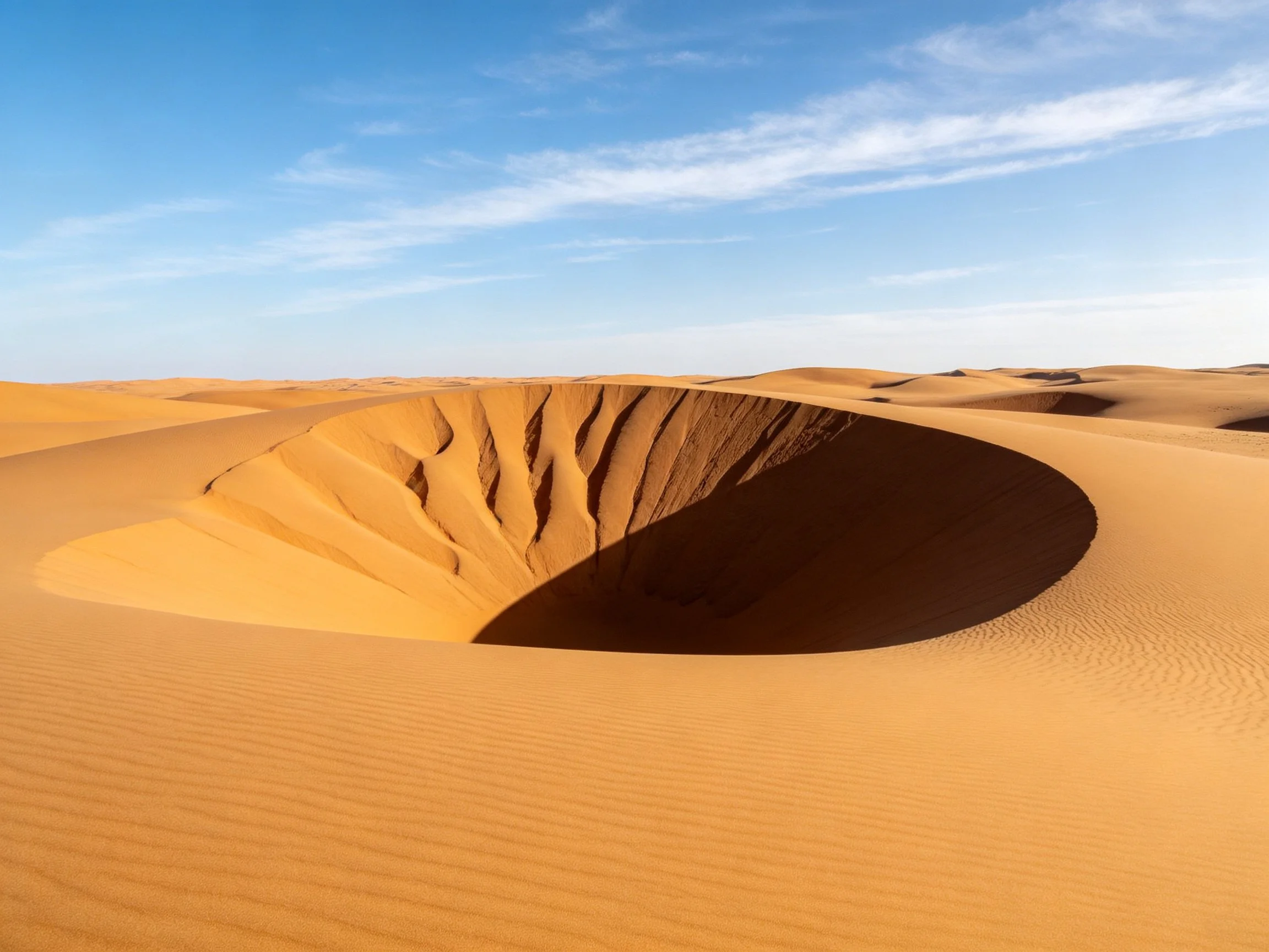 Golden sand dunes with a large central crater under clear blue sky