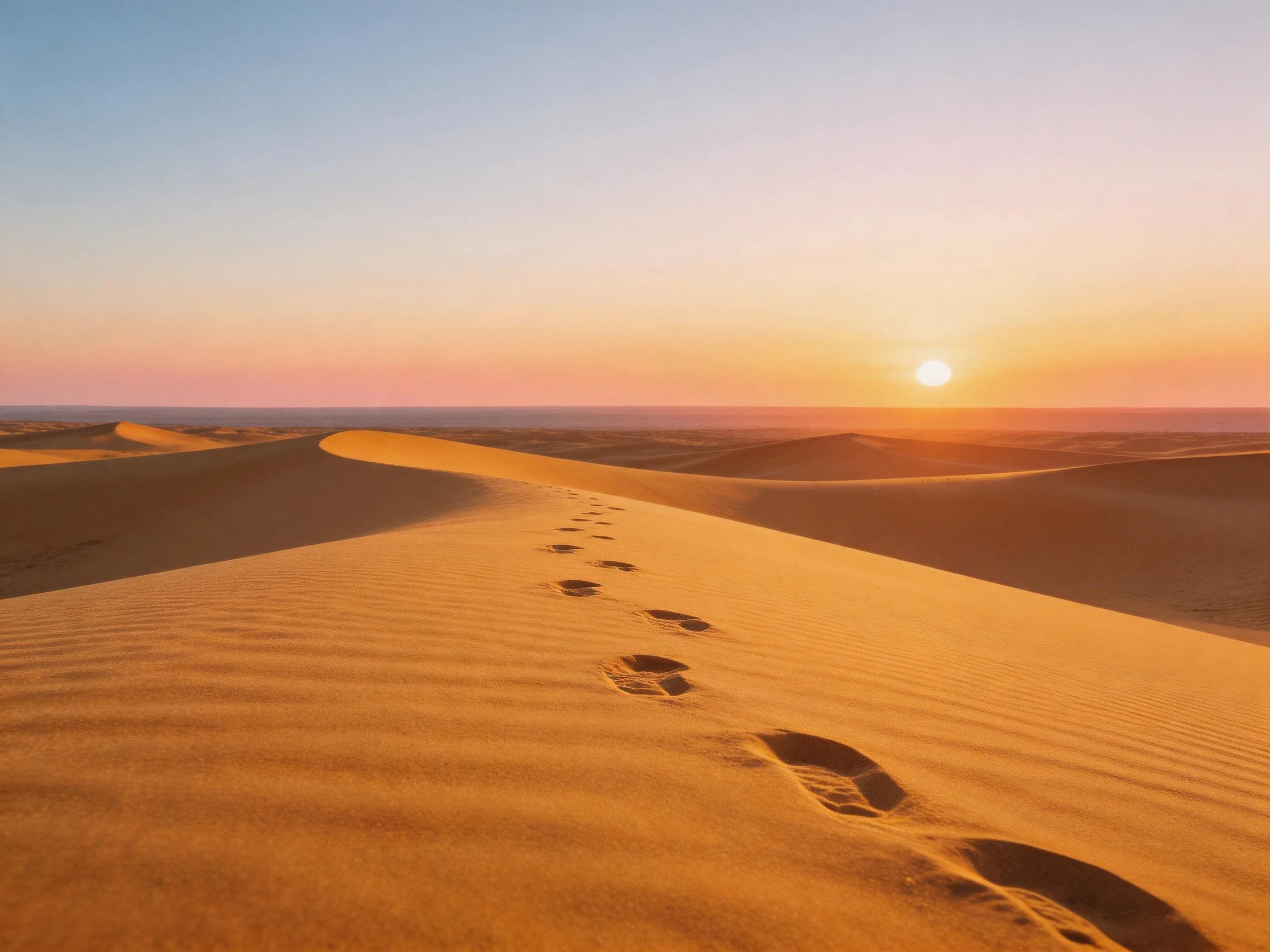 Golden sand dunes with footprints under sunset