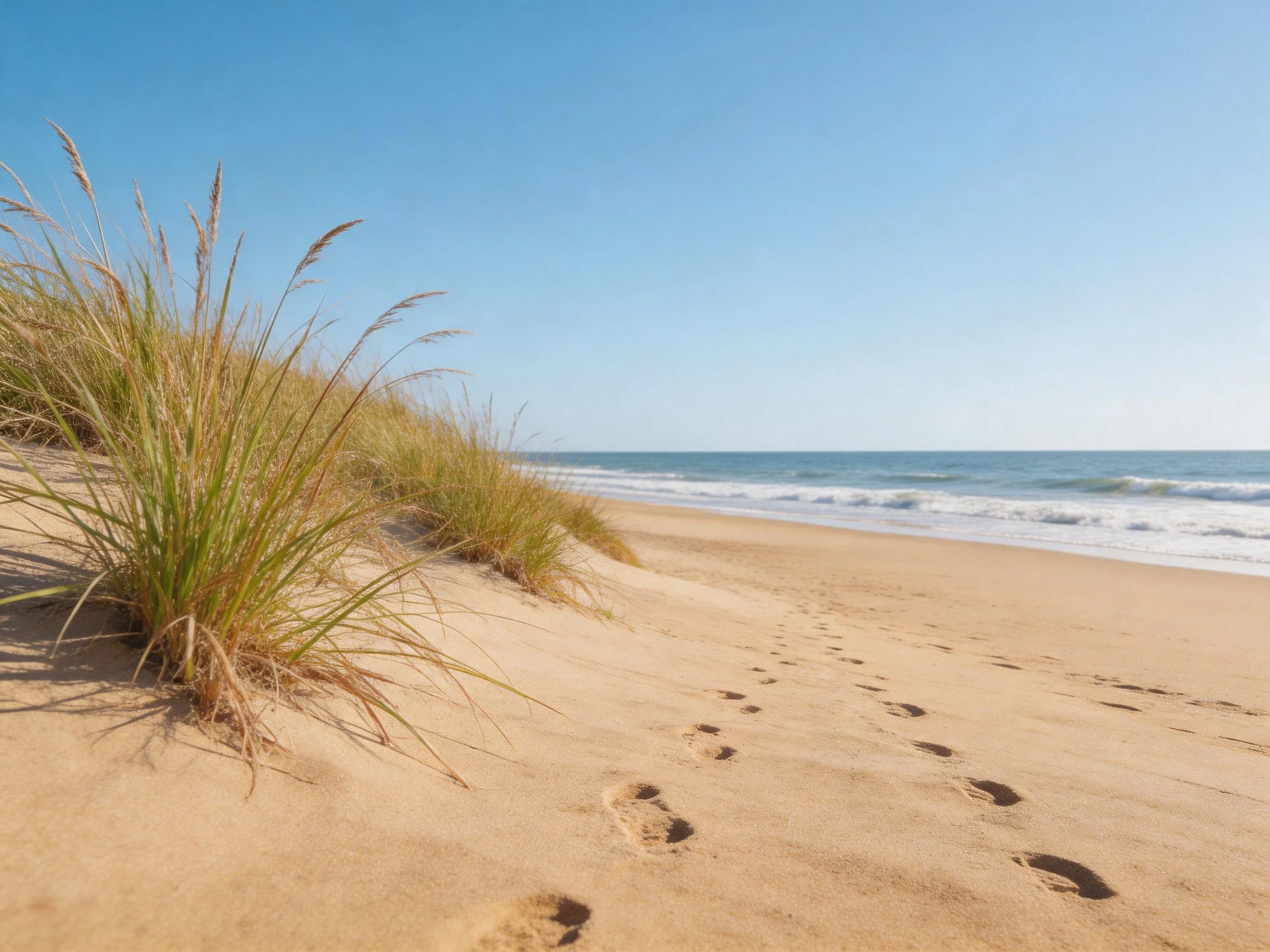 Golden sand dunes with tall green grasses by the blue ocean