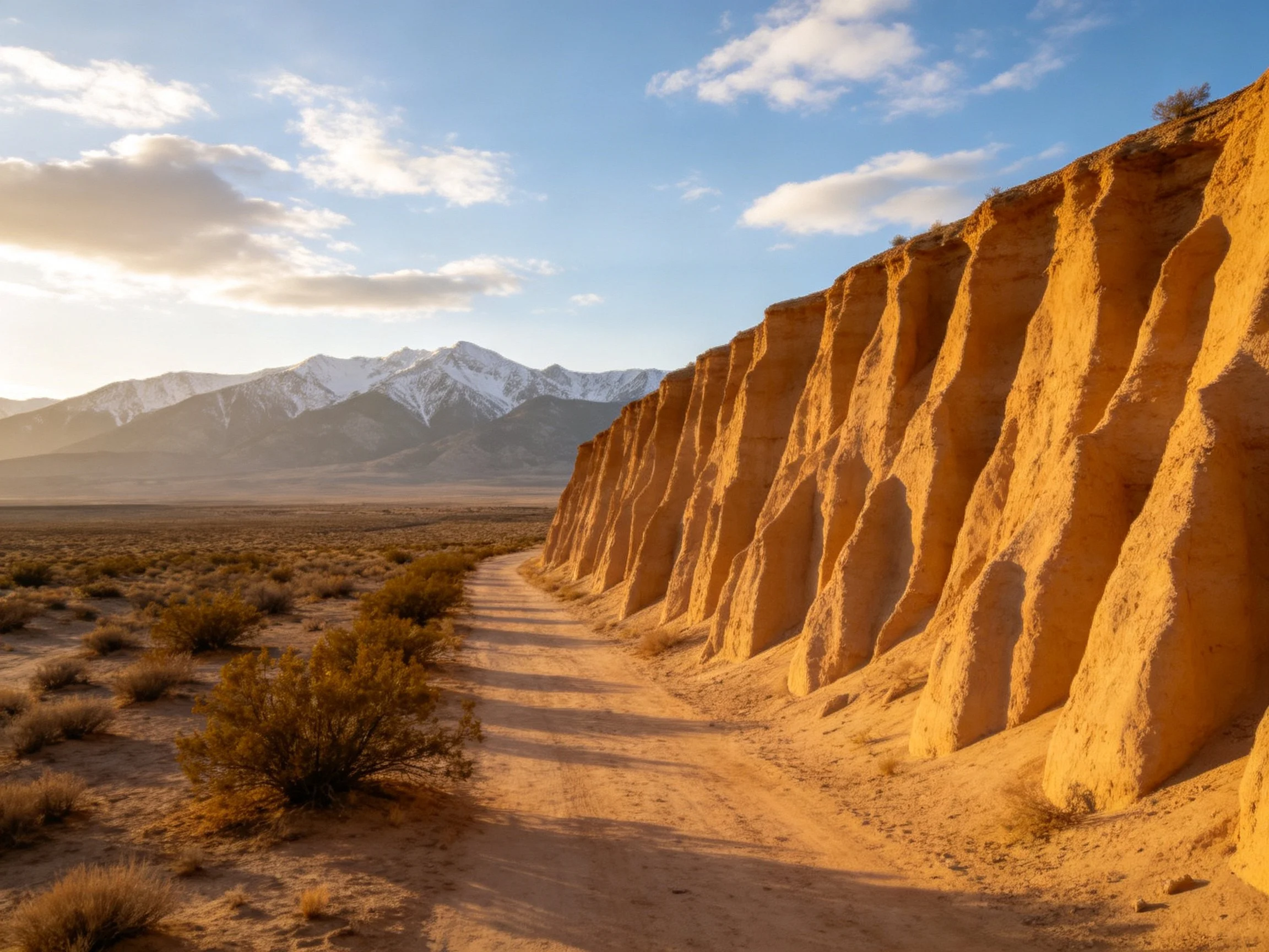 Golden sandstone cliffs along a dusty path near snow-capped peaks