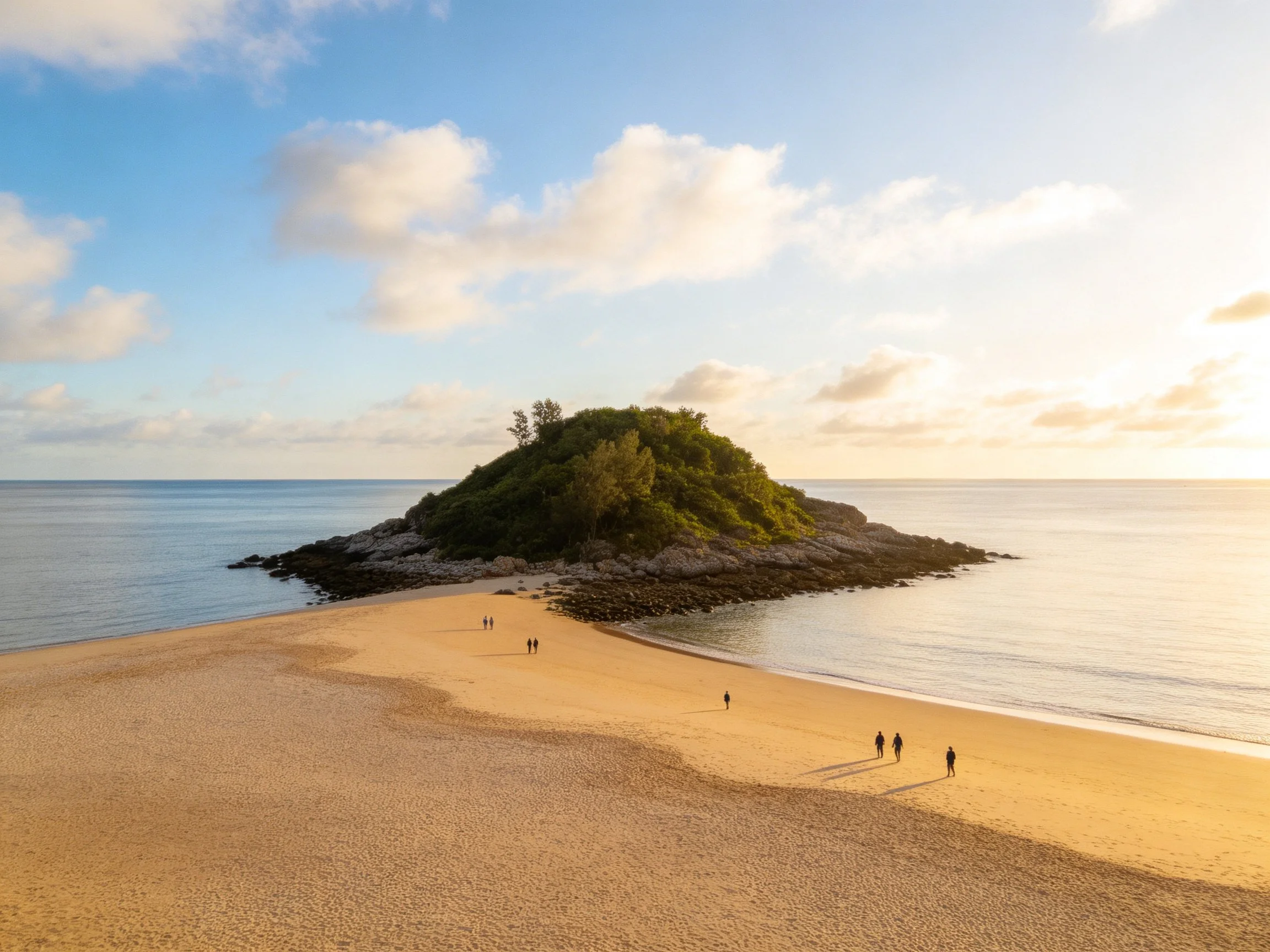 Golden sandy beach leading to lush green island
