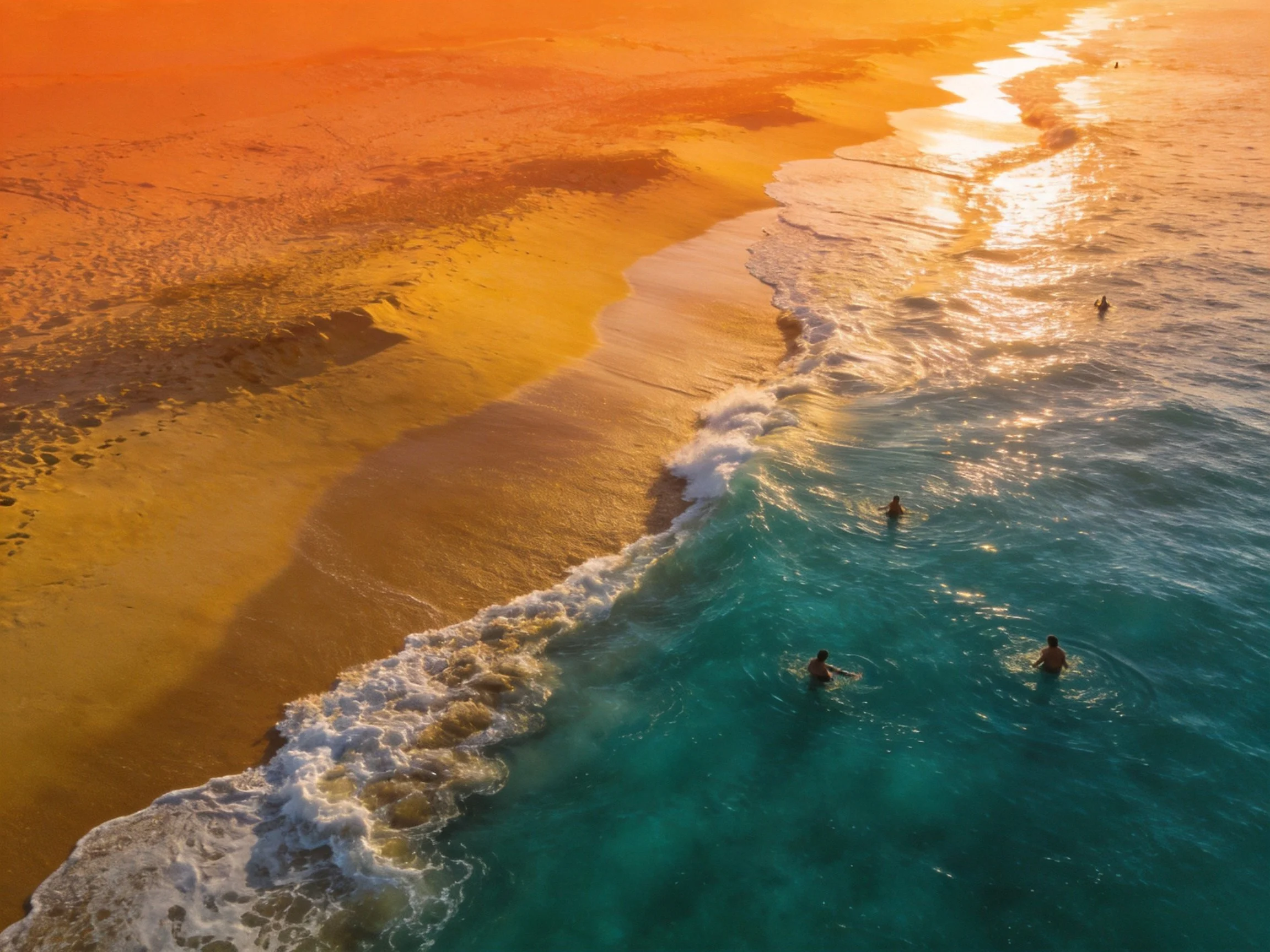 Golden sandy beach with turquoise ocean waves and swimmers
