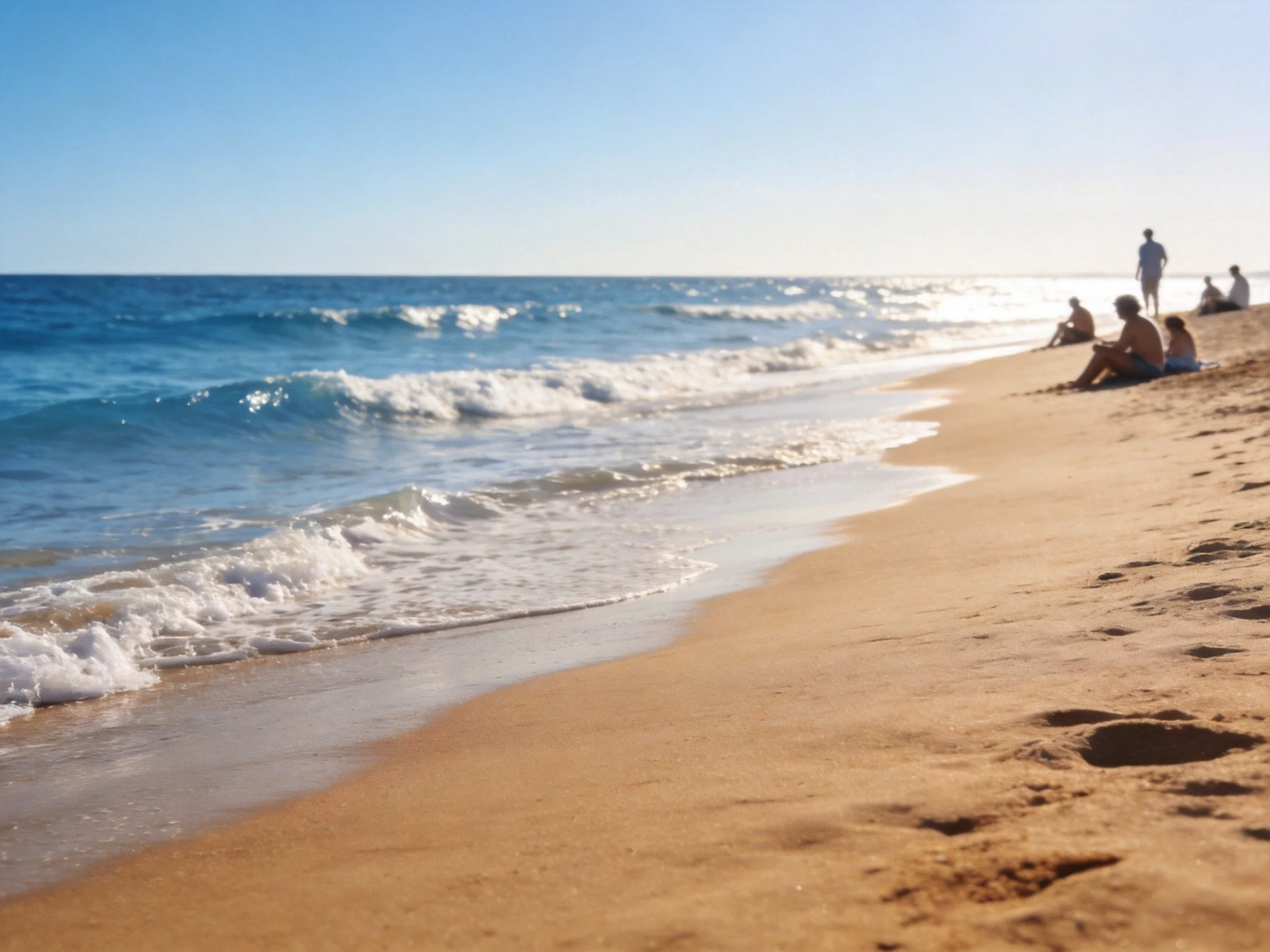 Golden sandy beach with turquoise ocean waves under bright sky