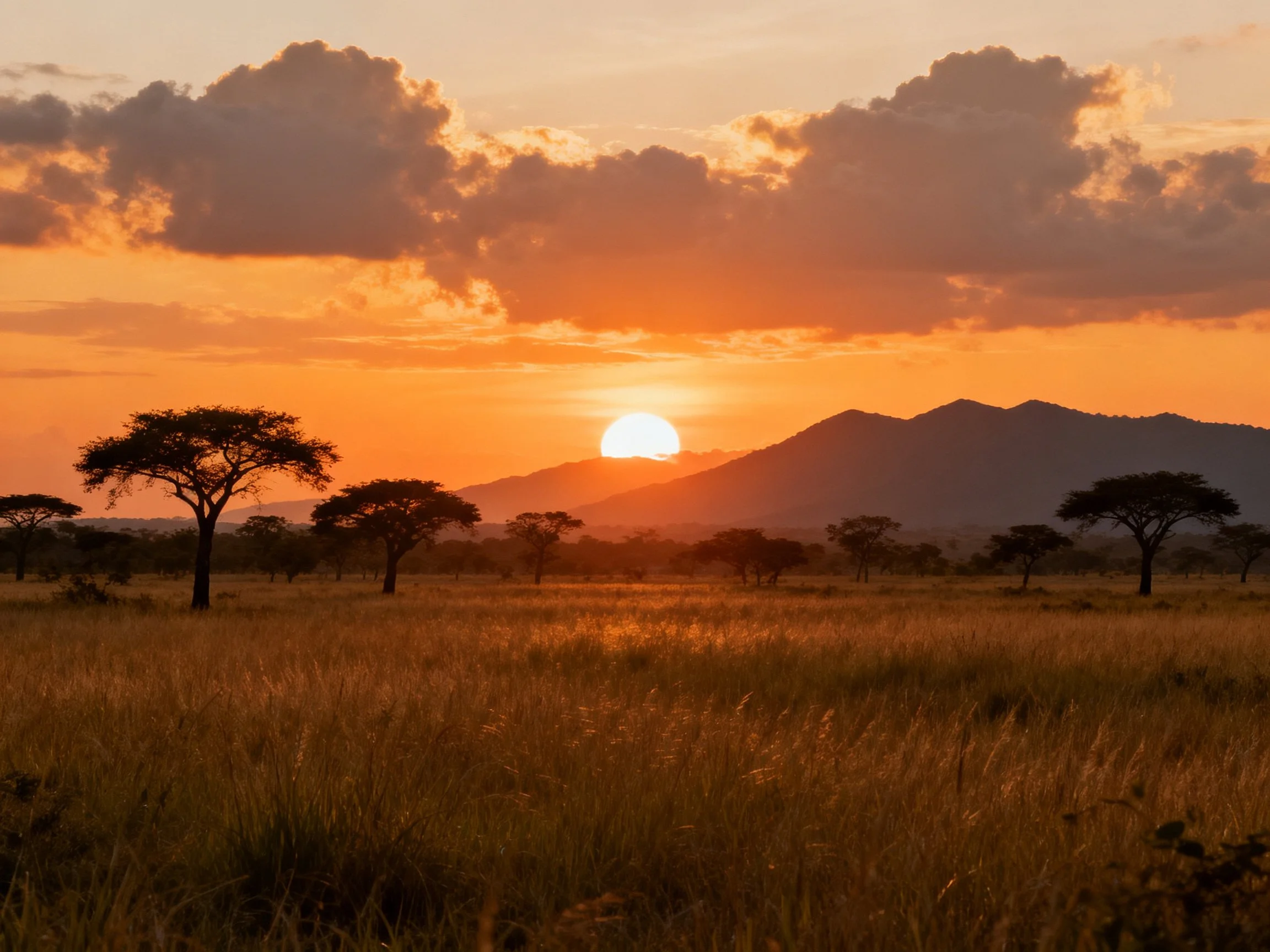 Golden savanna sunset with acacia trees and mountain backdrop
