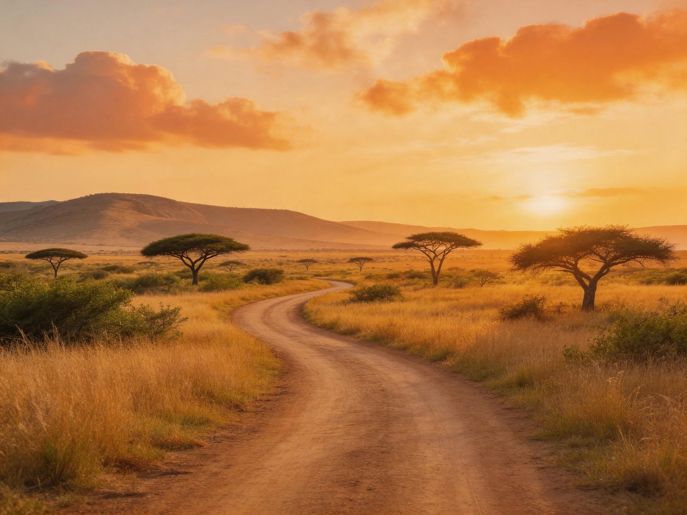 Golden savannah sunset with winding dirt path and acacia trees