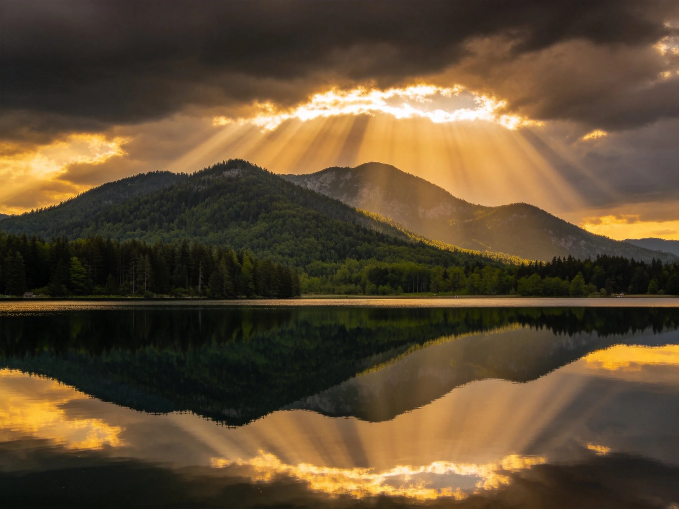 Golden sunbeams illuminate mountain lake reflection