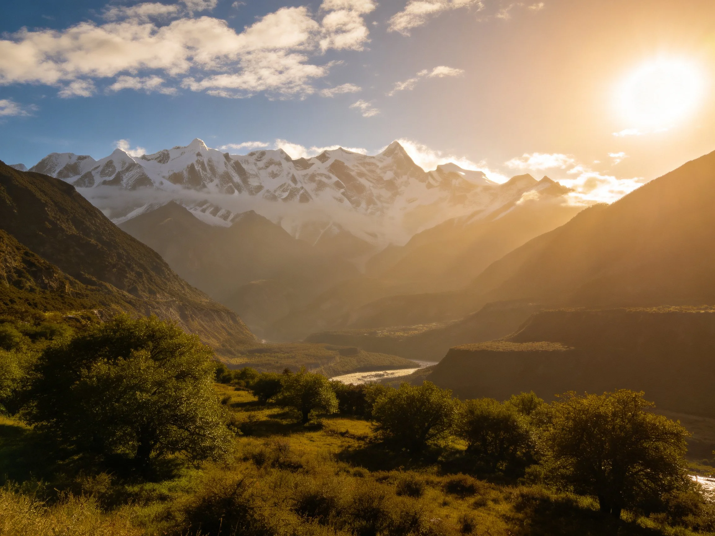 Golden sunlight bathes snow-capped mountains and a verdant valley