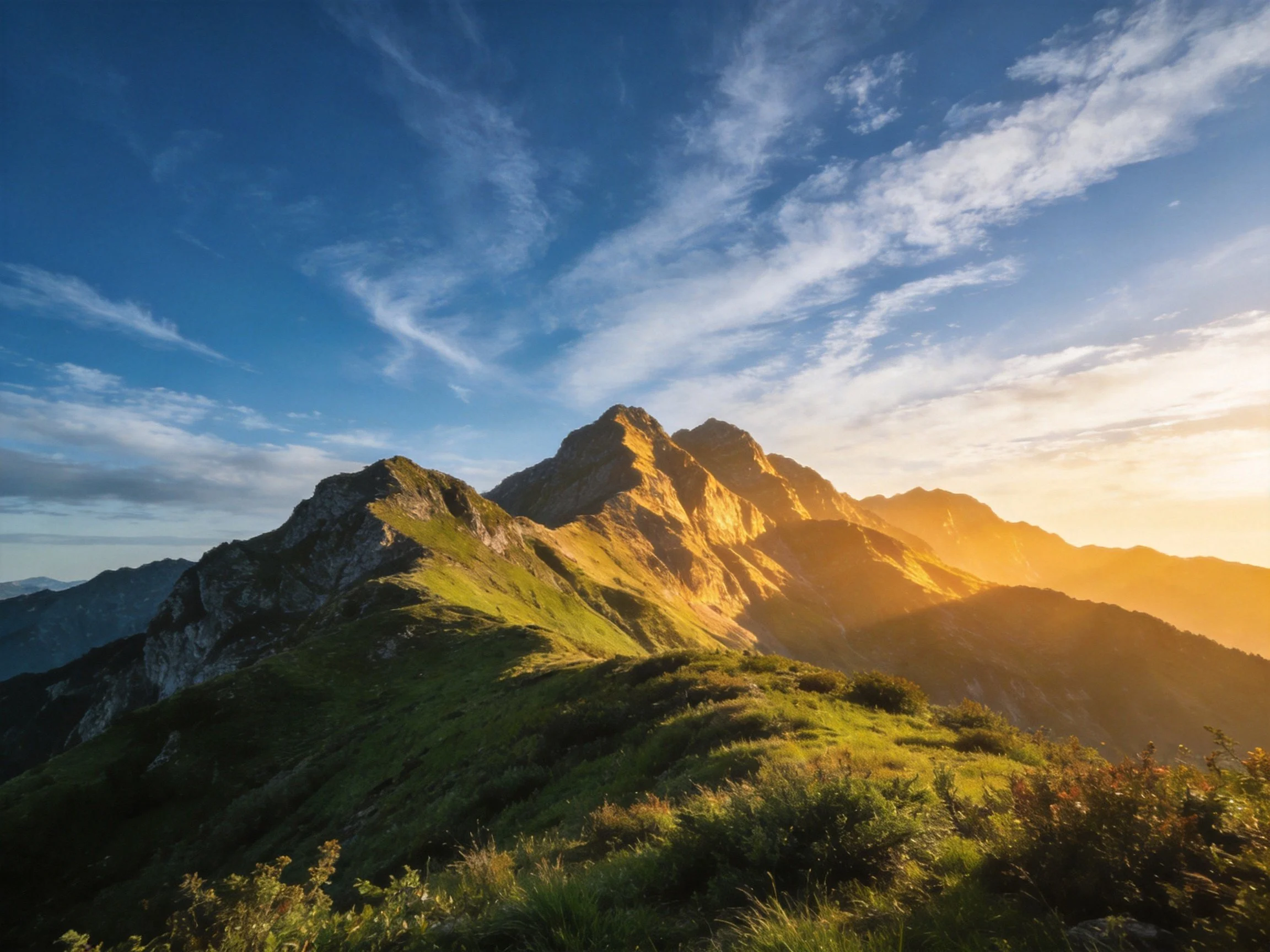 Golden sunlight bathes verdant mountain ridges under a clear blue sky