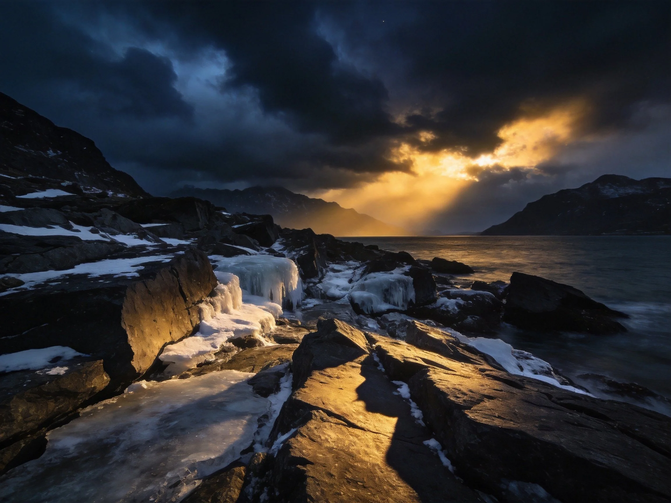 Golden sunlight breaks through stormy clouds over icy rocky shore