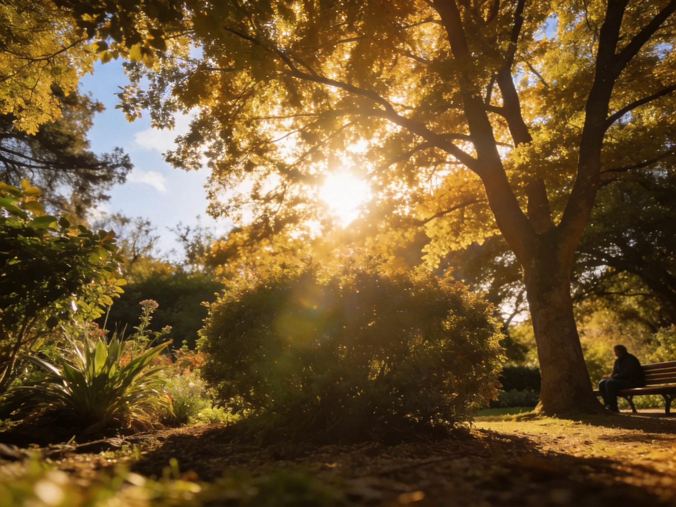 Golden sunlight filters through park trees near a bench