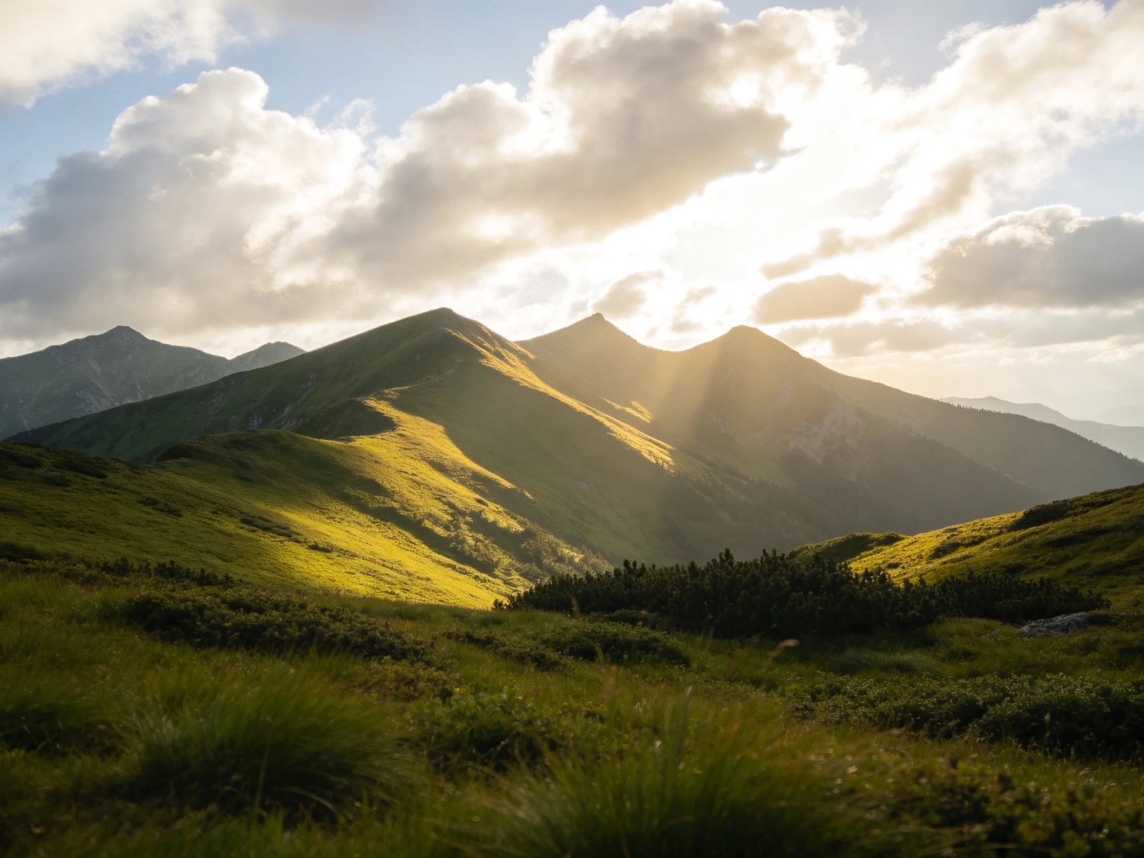Golden sunlight highlights lush green mountain ridges under cloudy sky