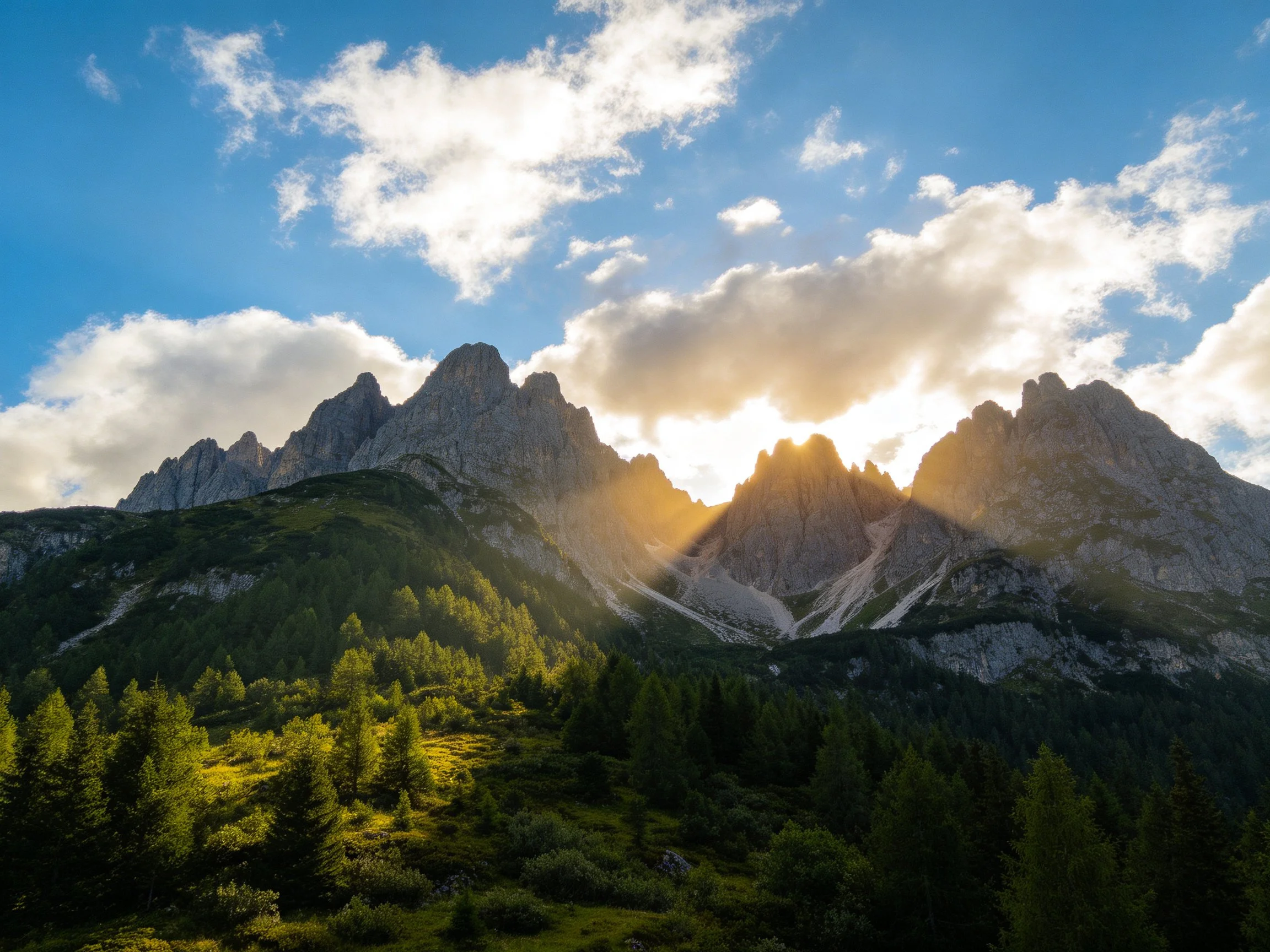 Golden sunlight highlights rugged gray mountain peaks with dense green forests