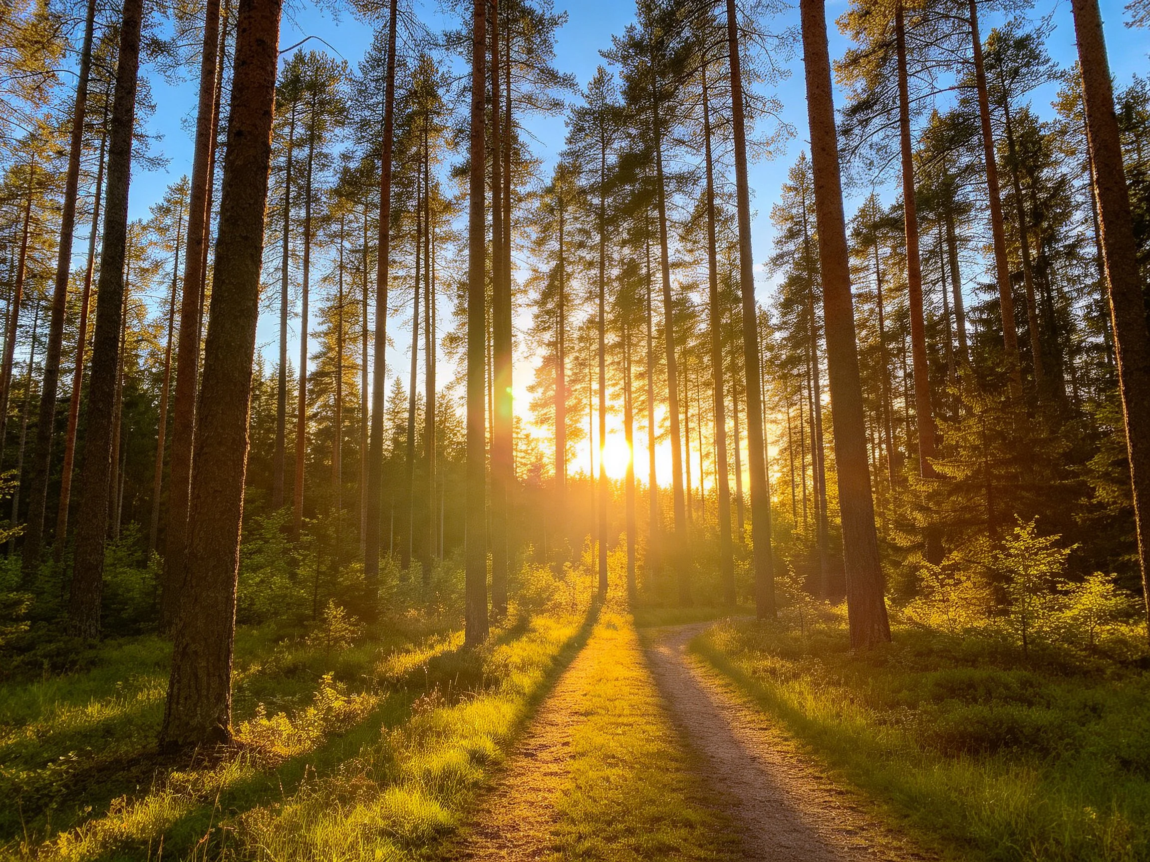 Golden sunlight illuminates a forest path among tall pine trees