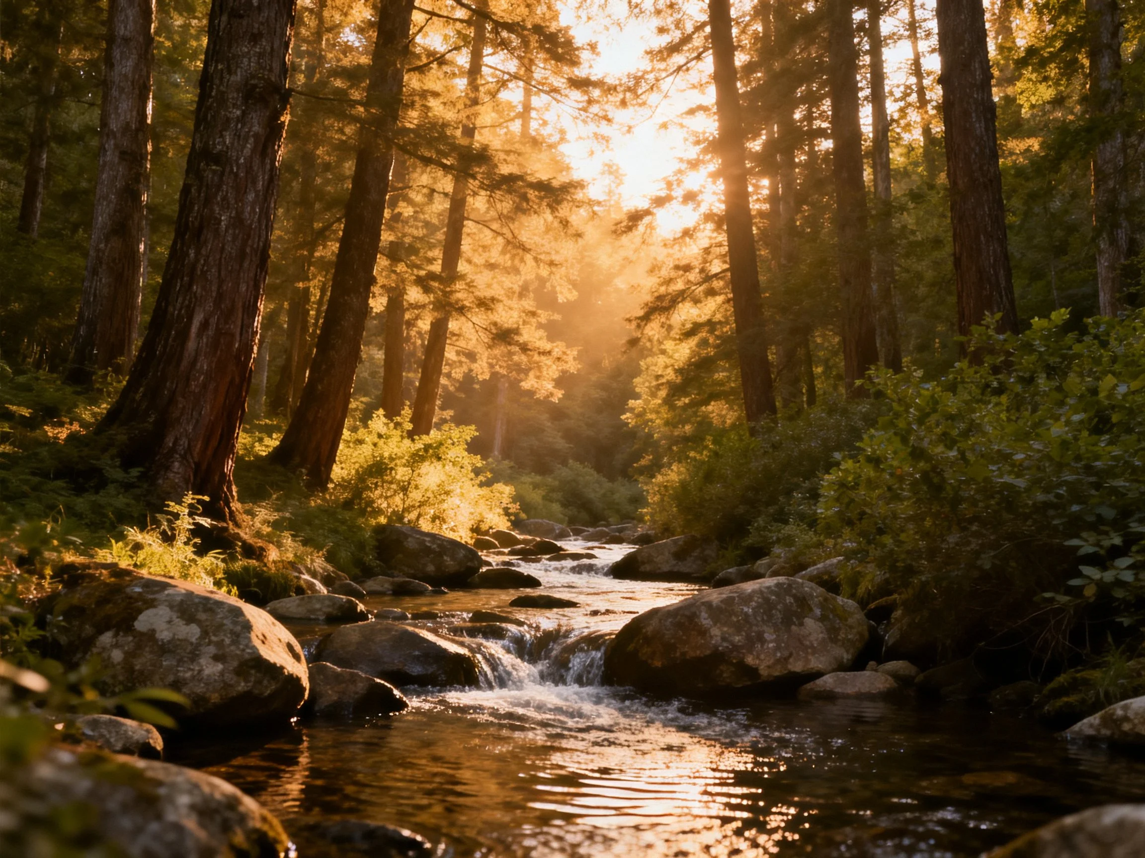 Golden sunlight illuminates a forest stream with rocky banks.